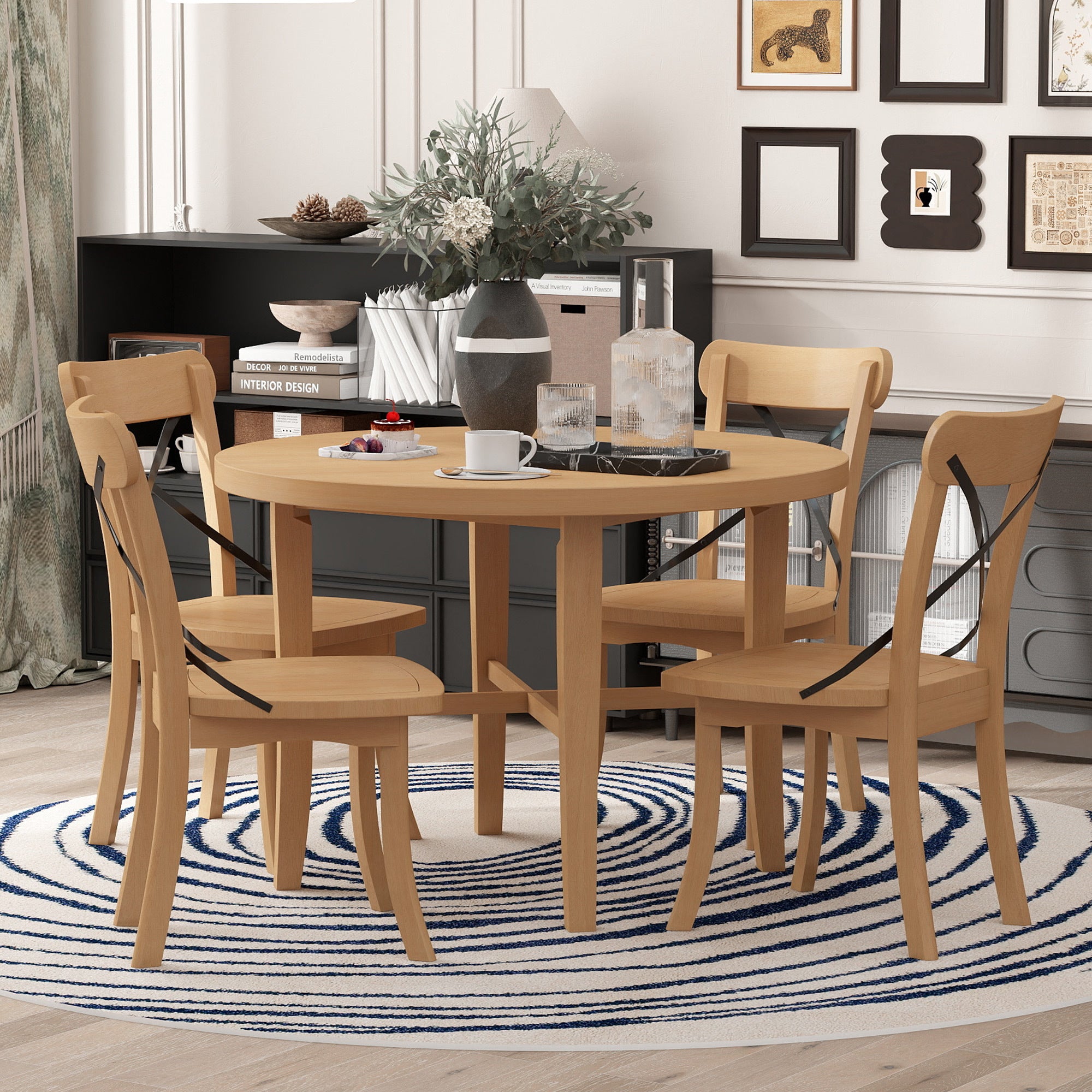 TREXM 5-piece Dining Set, Retro Simple Round Table and 4 Chairs with X-shaped Backrest for Kitchen, Dining Room and Living Room (Natural)