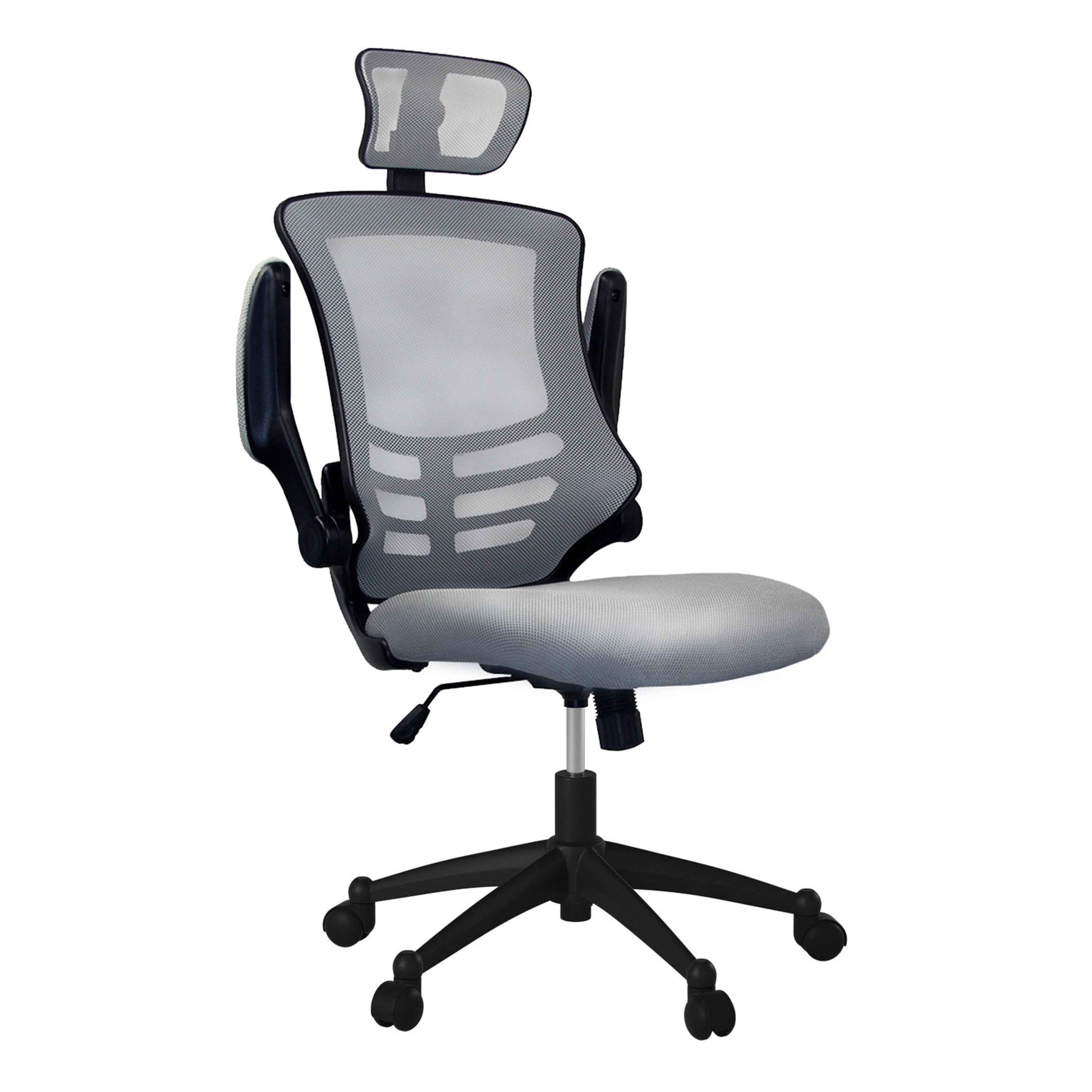 Modern High-Back Mesh Executive Office Chair with Headrest and Flip-Up Arms, Silver Grey
