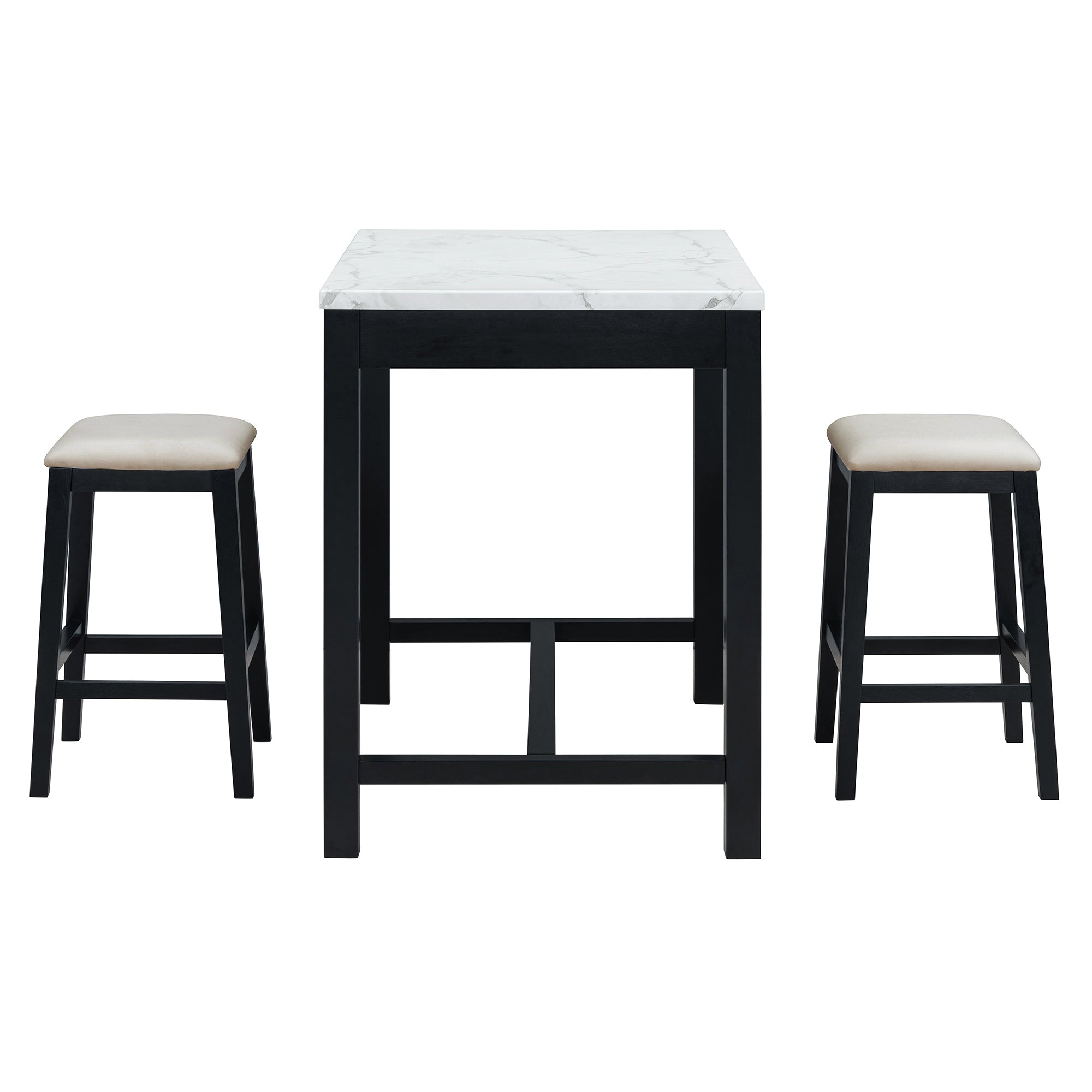 TREXM 3-Piece Modern Faux Marble Versatile Bar Table Set with Storage Drawers and Padded Stools, Ideal for Space-Saving Dining Nooks or Small Kitchens (Black)