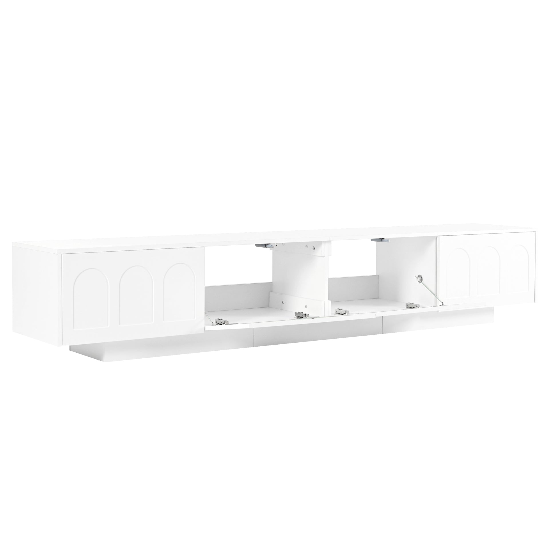 ON-TREND TV Stand with Fluted tempered Glass Doors for TVs Up to 95'', Functional Media Console with Arched Cabinet Doors, Entertainment Center with APP-Controlled LED Light for Living Room, White - Abrihome