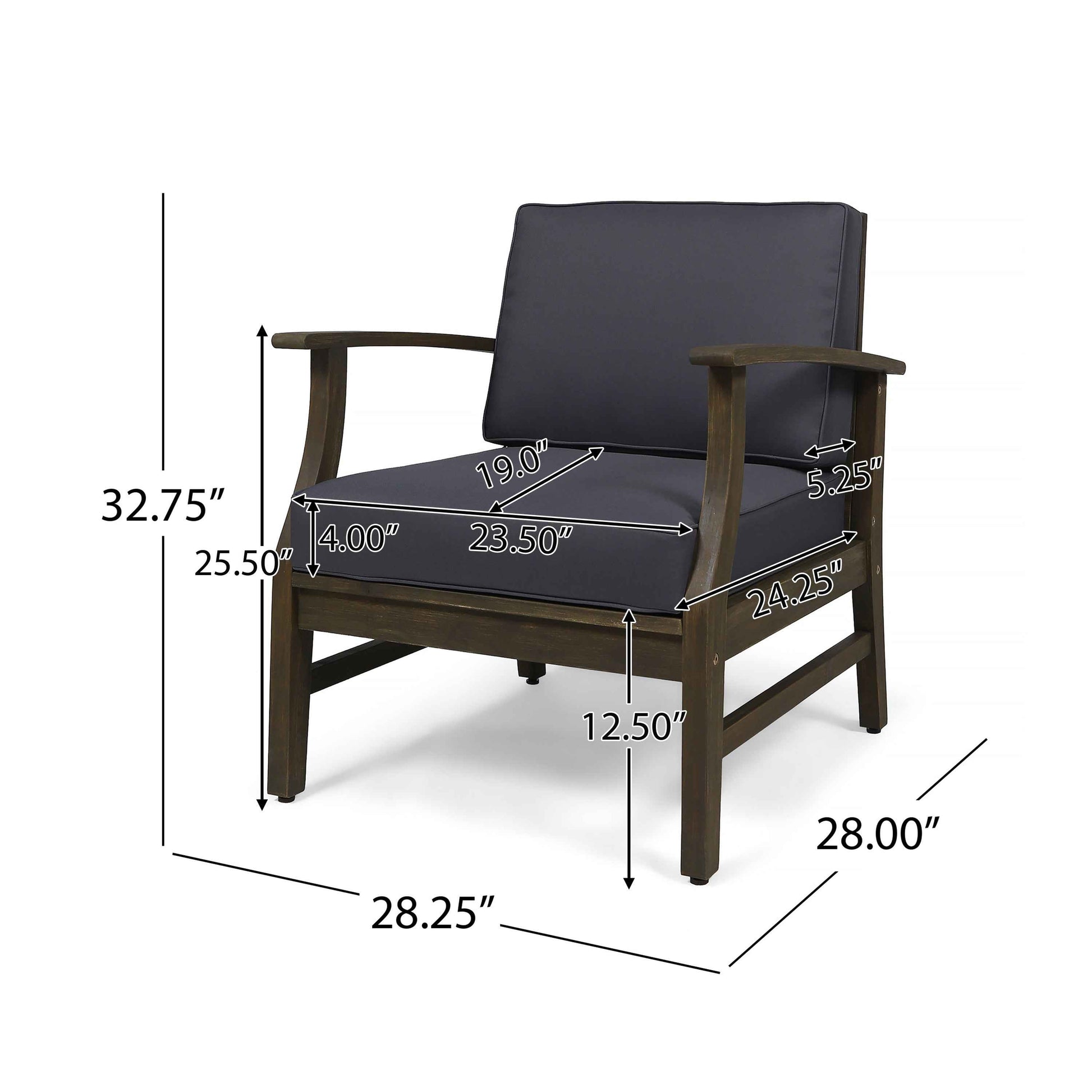 Enchanting Outdoor Club Chair with Slat Panel Design and Water Resistant Cushion, Dark Grey