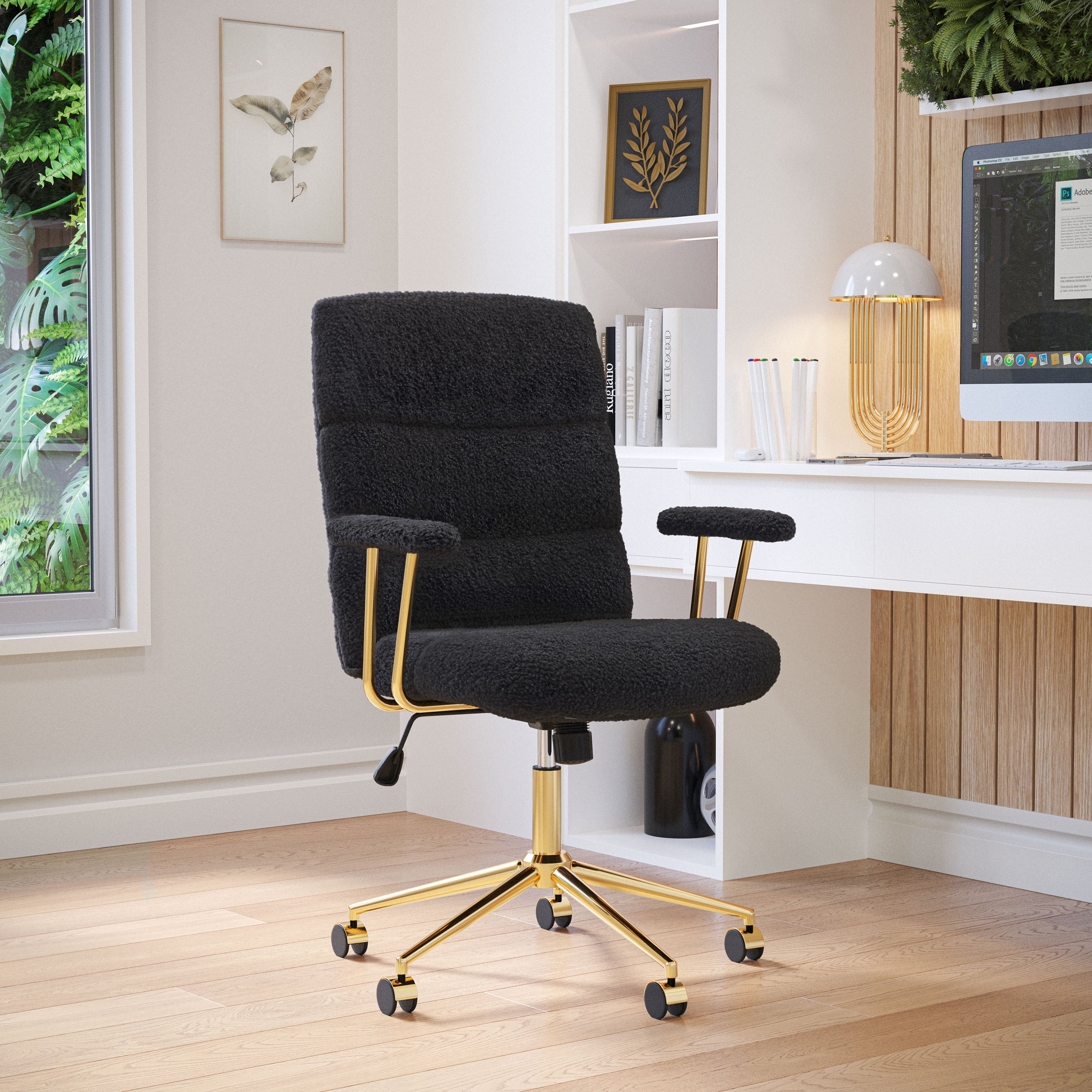 Textured Boucle Fabric Black and Gold Office Chair, Modern Height Adjustable Desk Chair with Padded Arms - Abrihome