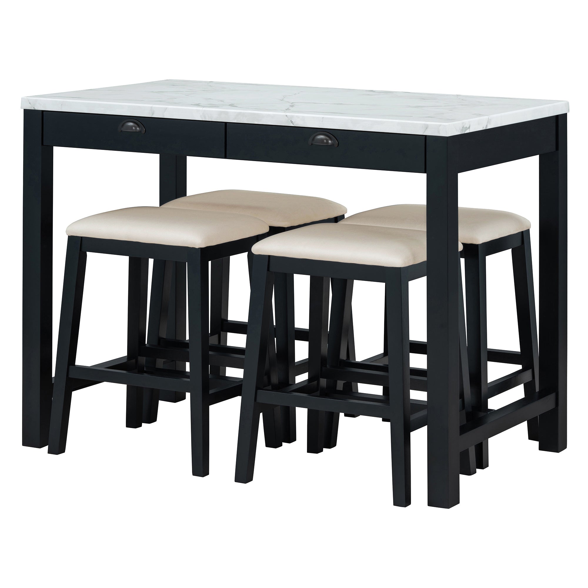 TREXM 3-Piece Modern Faux Marble Versatile Bar Table Set with Storage Drawers and Padded Stools, Ideal for Space-Saving Dining Nooks or Small Kitchens (Black)