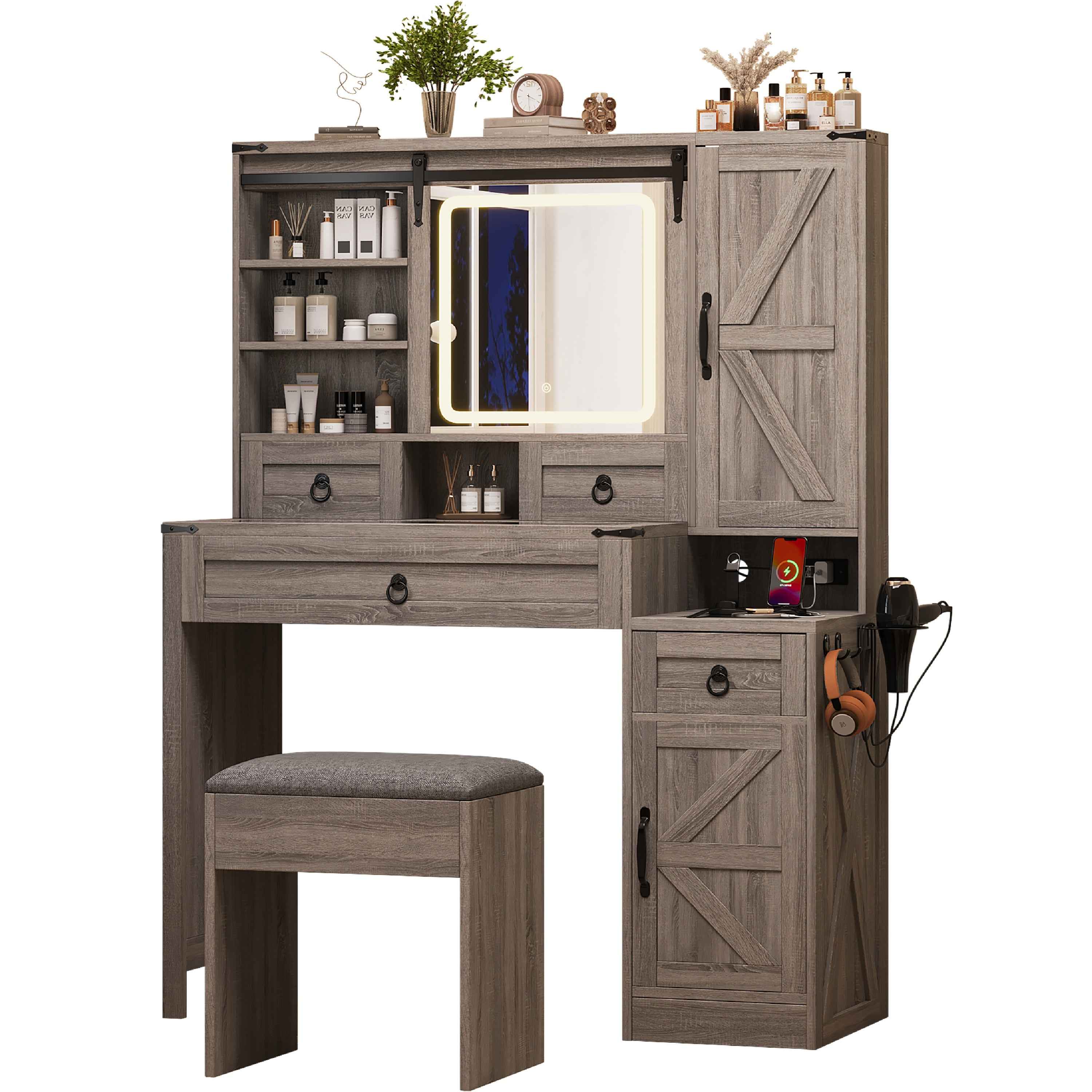 Farmhouse Vanity Desk with Sliding Mirror and Lights, Vanity Set with Glass Top and Charging Station ,Dressing Table with 4 Drawers and 2 Cabinets, Dressing Table with Stool for Bedroom, Gray