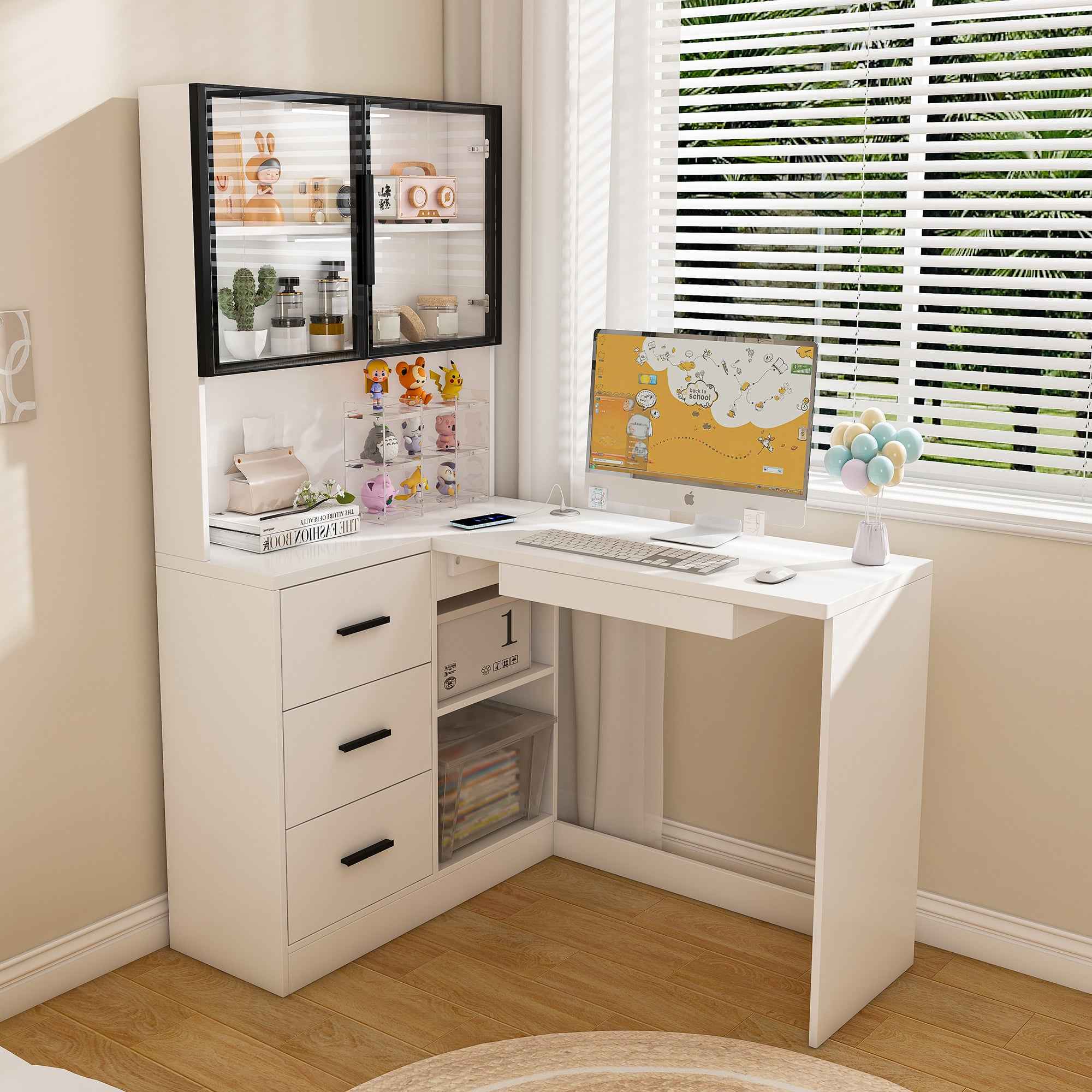White L-Shaped Computer Desk with Glass Cabinets, Built-In LED Lights, USB Charging Ports, and Keyboard Tray - Ergonomic Office Furniture for Home and Corporate Workspaces