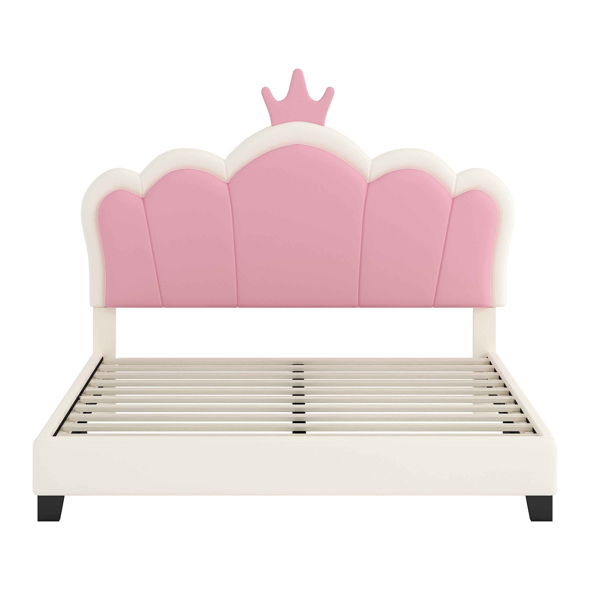 Full size Upholstered Princess Bed With Crown Headboard,Full Size Platform Bed with Headboard and Footboard, Cream+Pink(Old SKU:WF303337AAK)