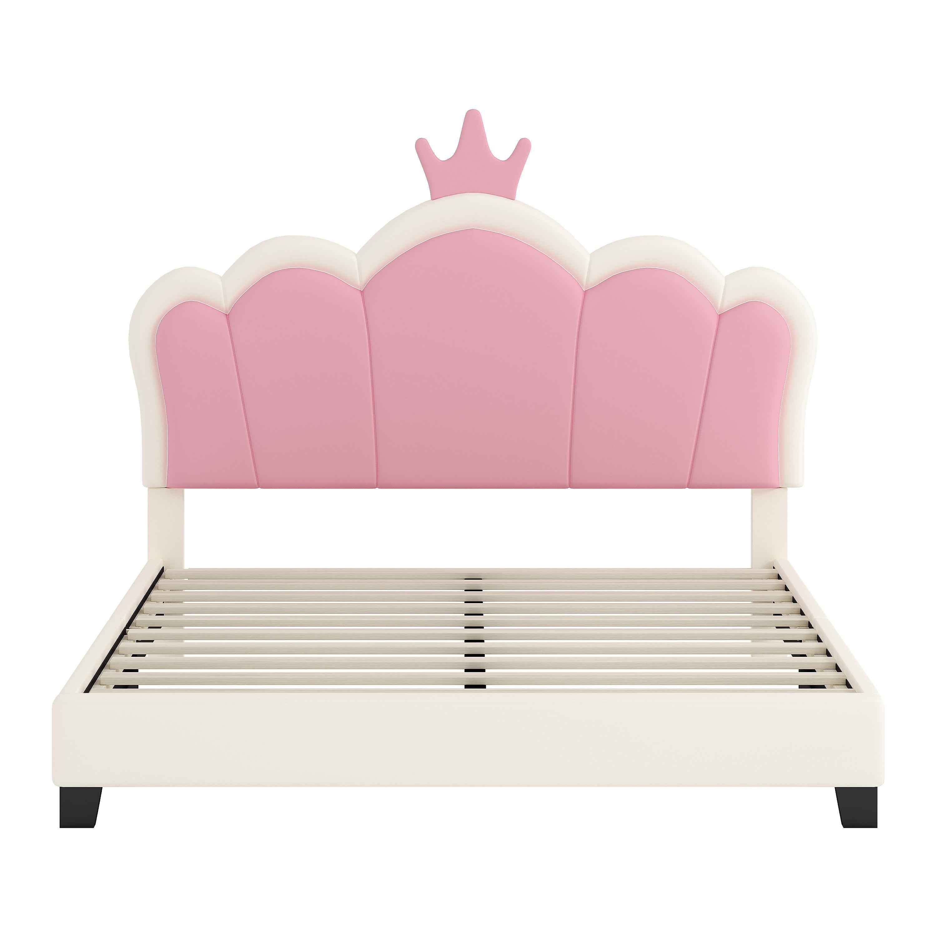 Full size Upholstered Princess Bed With Crown Headboard,Full Size Platform Bed with Headboard and Footboard, Cream+Pink(Old SKU:WF303337AAK)