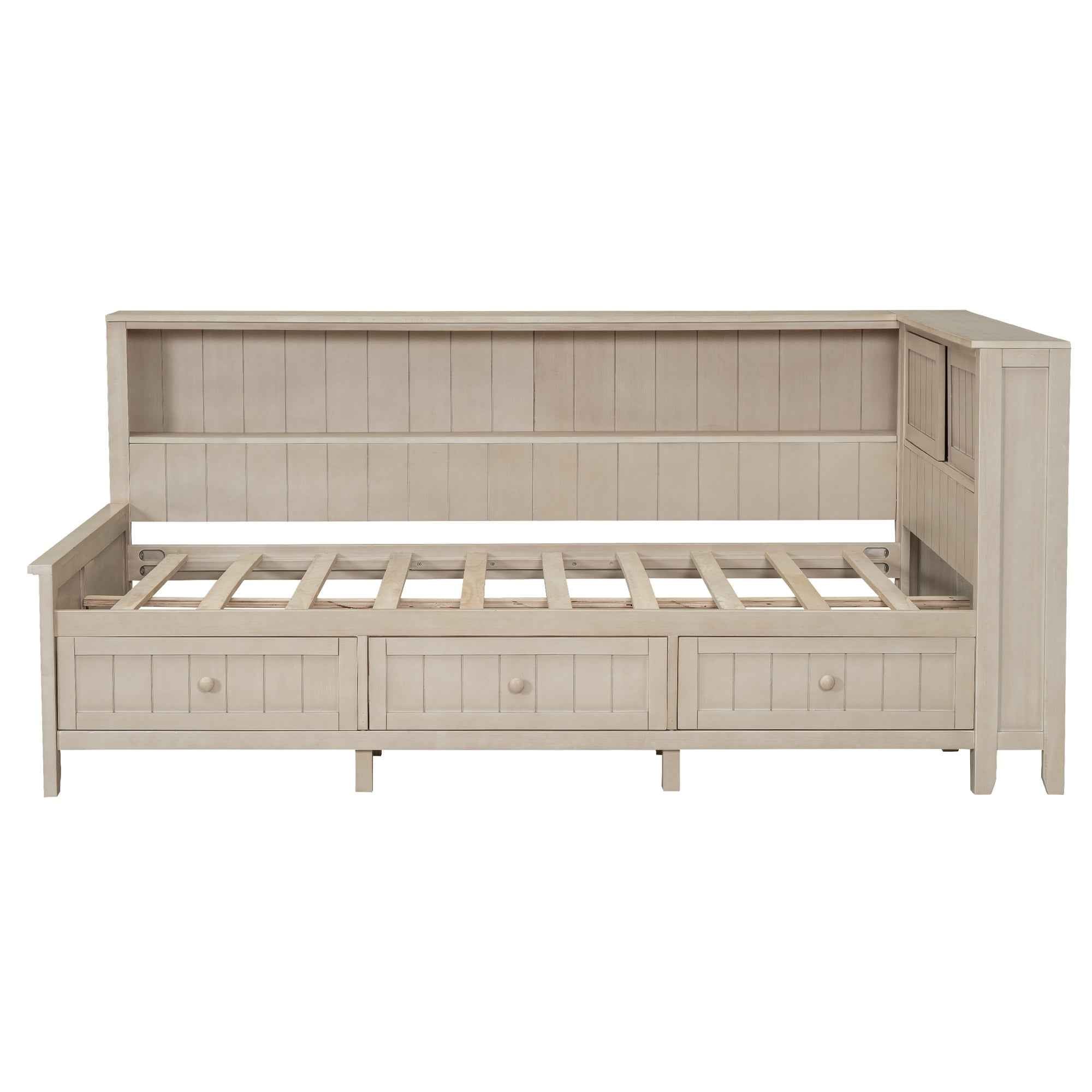 Twin Size Wood Daybed with Storage Shelves and 3 Drawers in Antique White Milk Finish, Solid Pine Wood and MDF