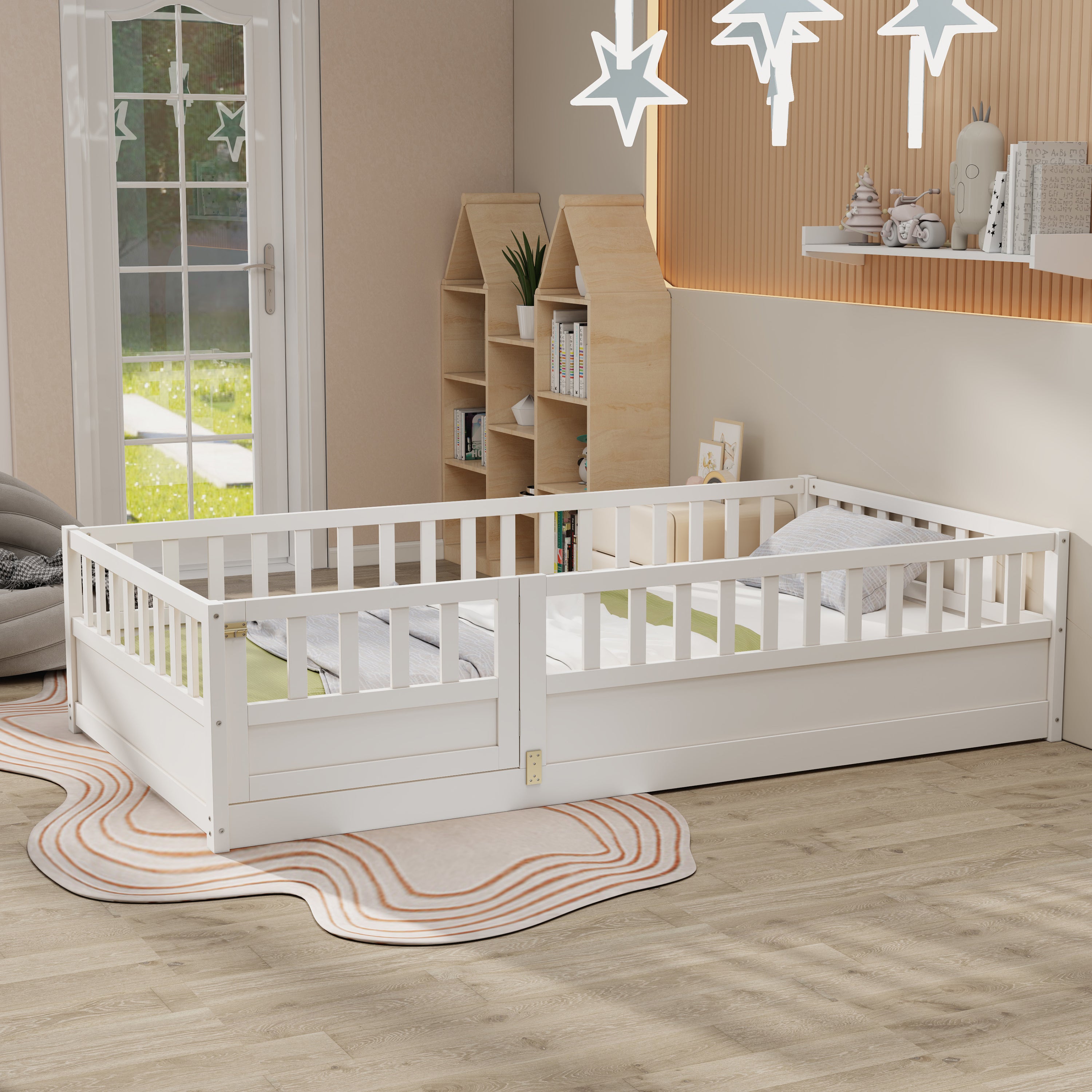 Twin Size Floor bed, integral construction with super high security barrier, door, children's floor bed frame, Montessori wooden children's floor bed, Support slat white