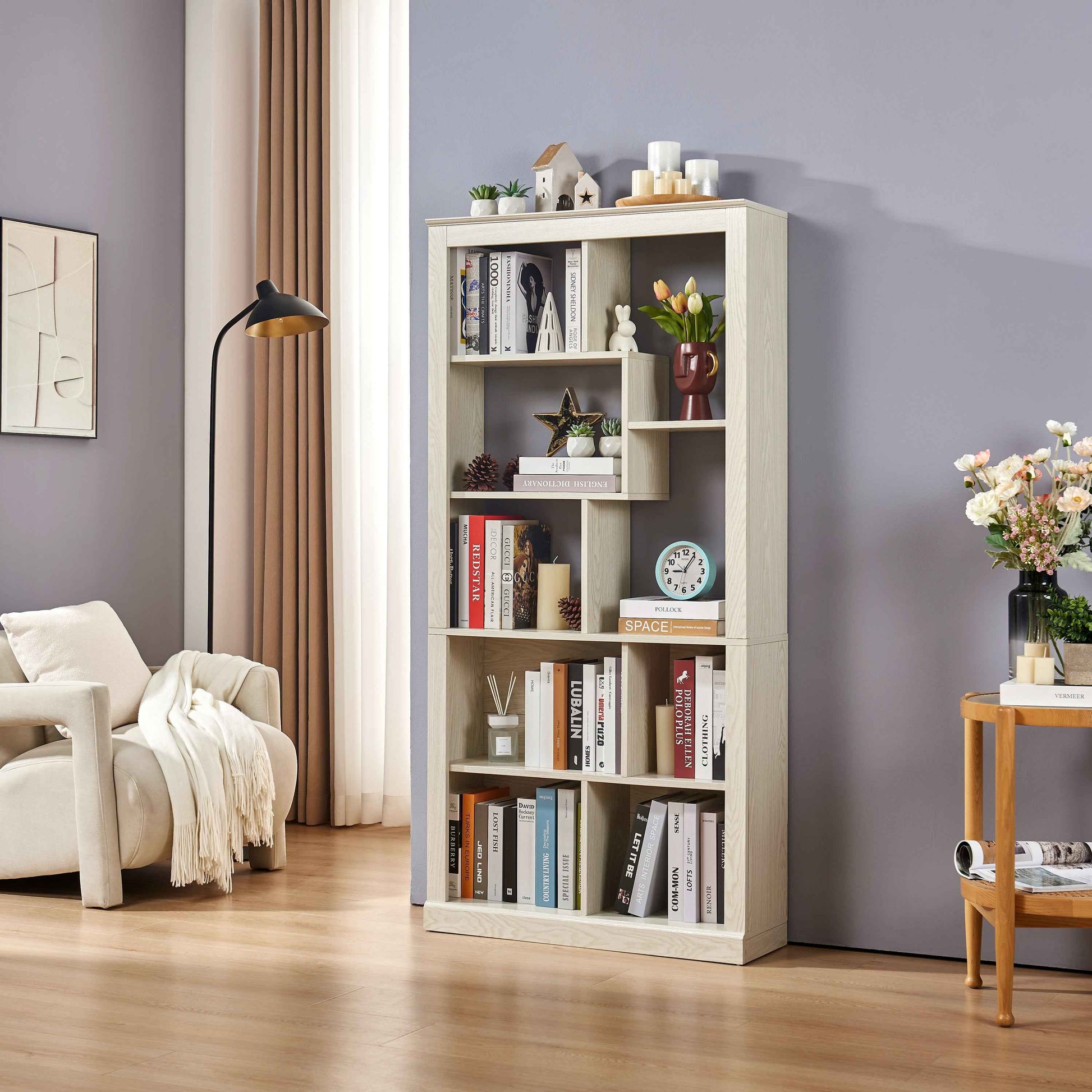 Free Combination Wood Open Bookshelf, Multi Space Display Storage Cabinet, Easy to Assemble Freestanding Bookcase with Anti-Tip Straps, Classified Storage Organizer for Living Room Bedroom Home Office