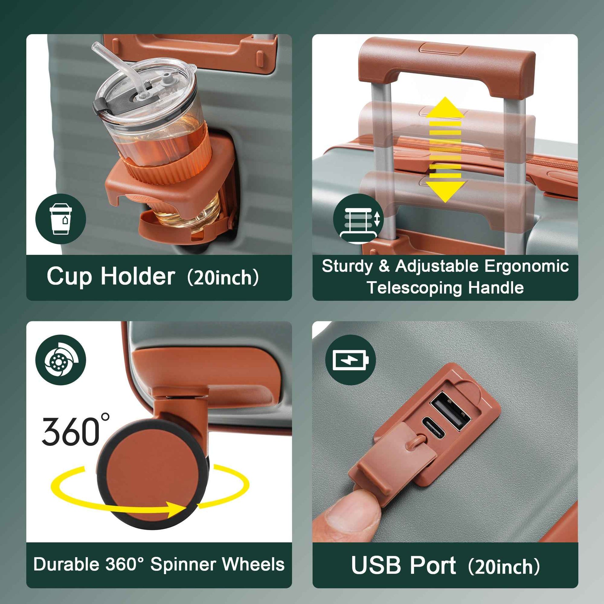 Luggage Sets 5 Piece with Front Opening , Hardside Expandable Carry on Suitcase with Spinner Wheels TSA Lock USB Port  Cup Holder Duffel Bag and Toiletry Bag