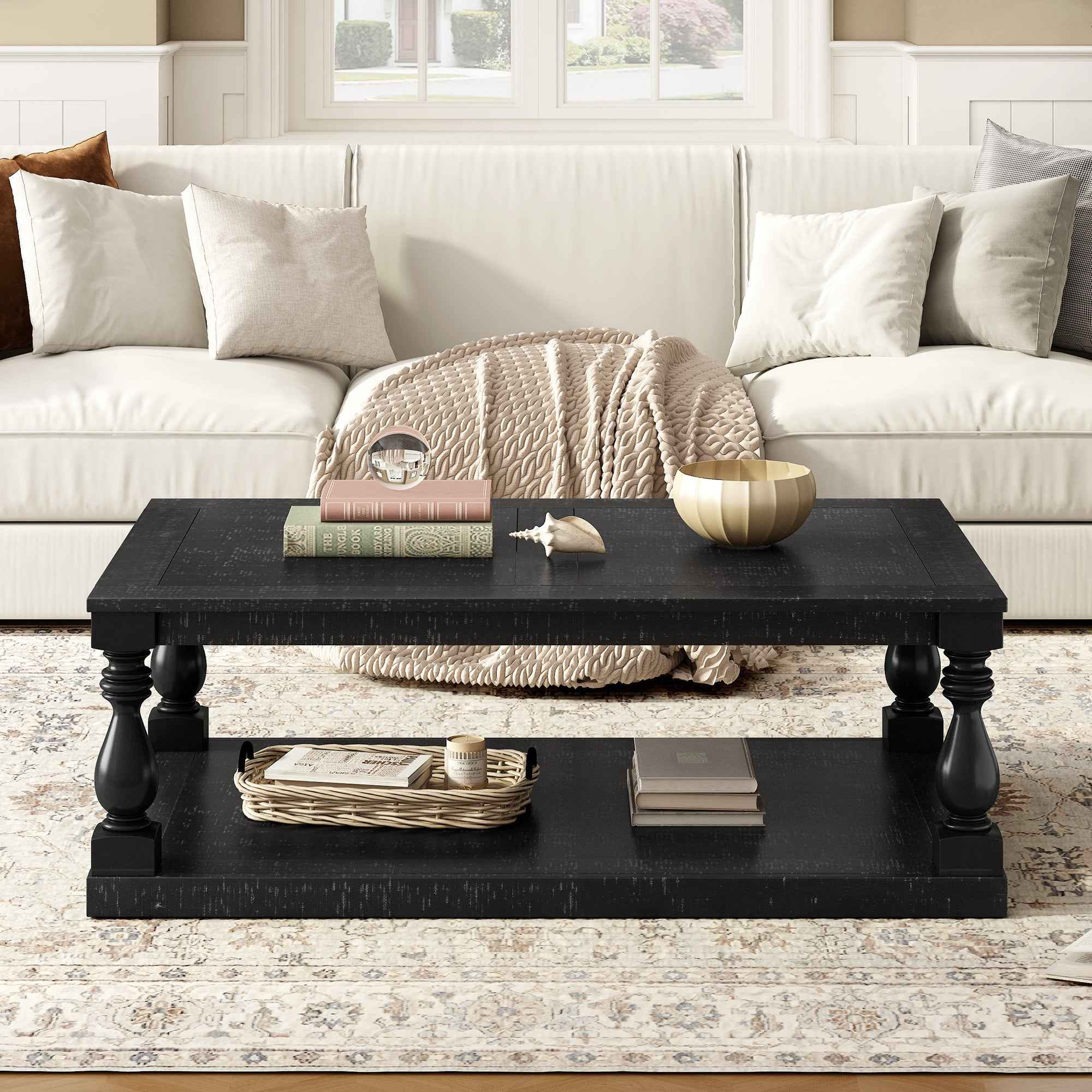 U_STYLE Vintage Coffee Table Featuring Artistic Vase Column Legs and Luxurious Pine Veneer for Timeless Charm,Suitable for living room, study room
