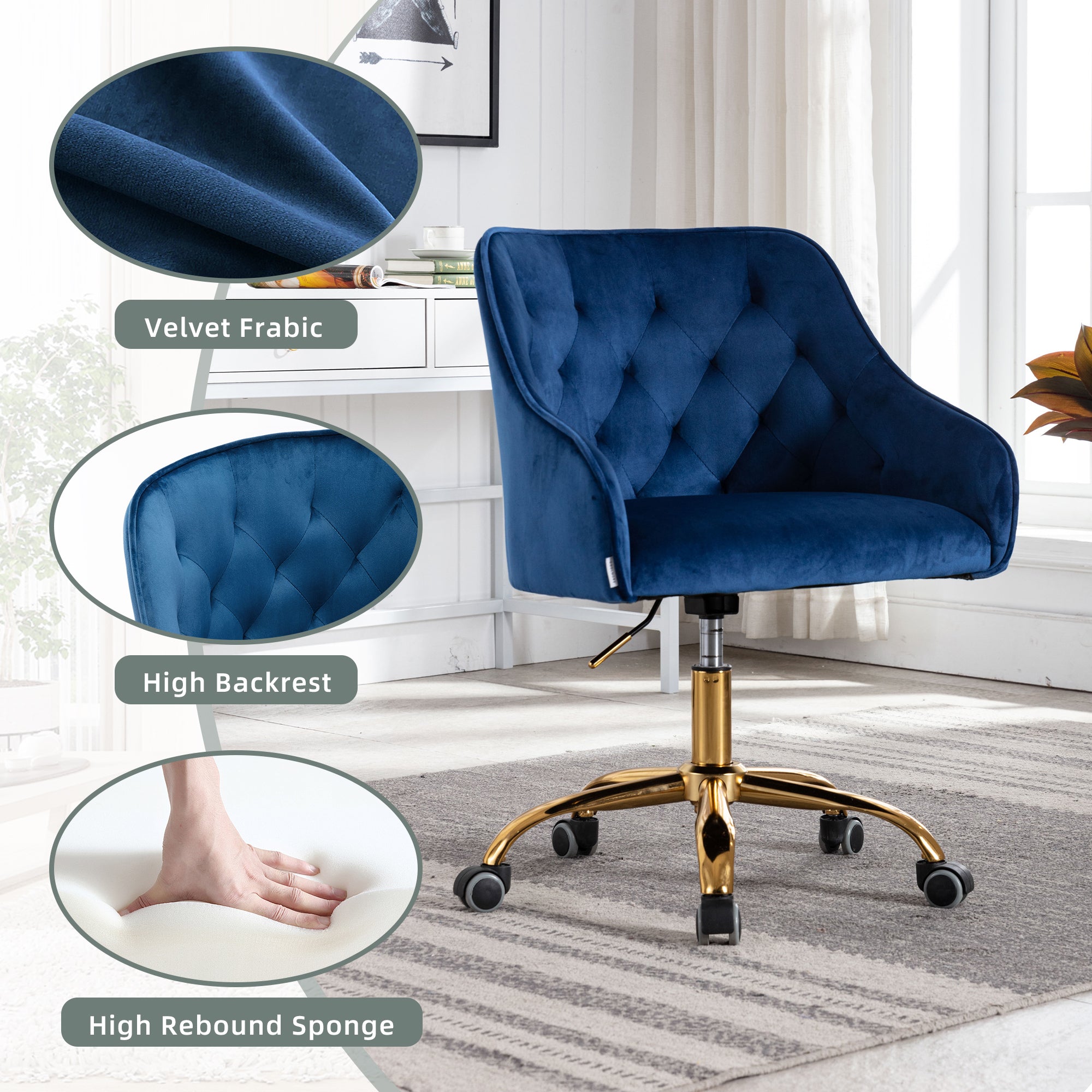 COOLMORE Velvet Home Office Desk Chair, Modern Cute Computer Chair, Wheels Swivel Height Adjustable Swivel Task Chair for Home Office (Navy Velvet)