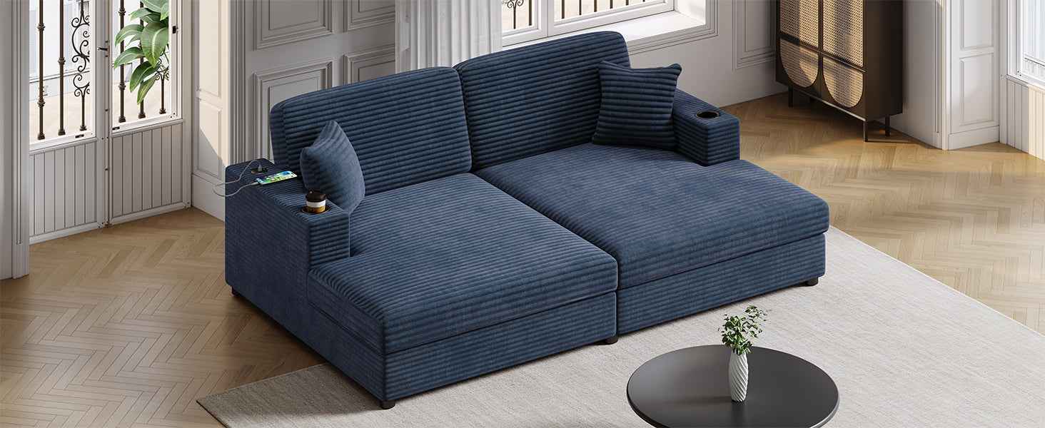 Oversized Loveseat Chaise Lounge Sectional Sofa Bed with USB Ports, Cup Holders, and Throw Pillows, Blue Corduroy