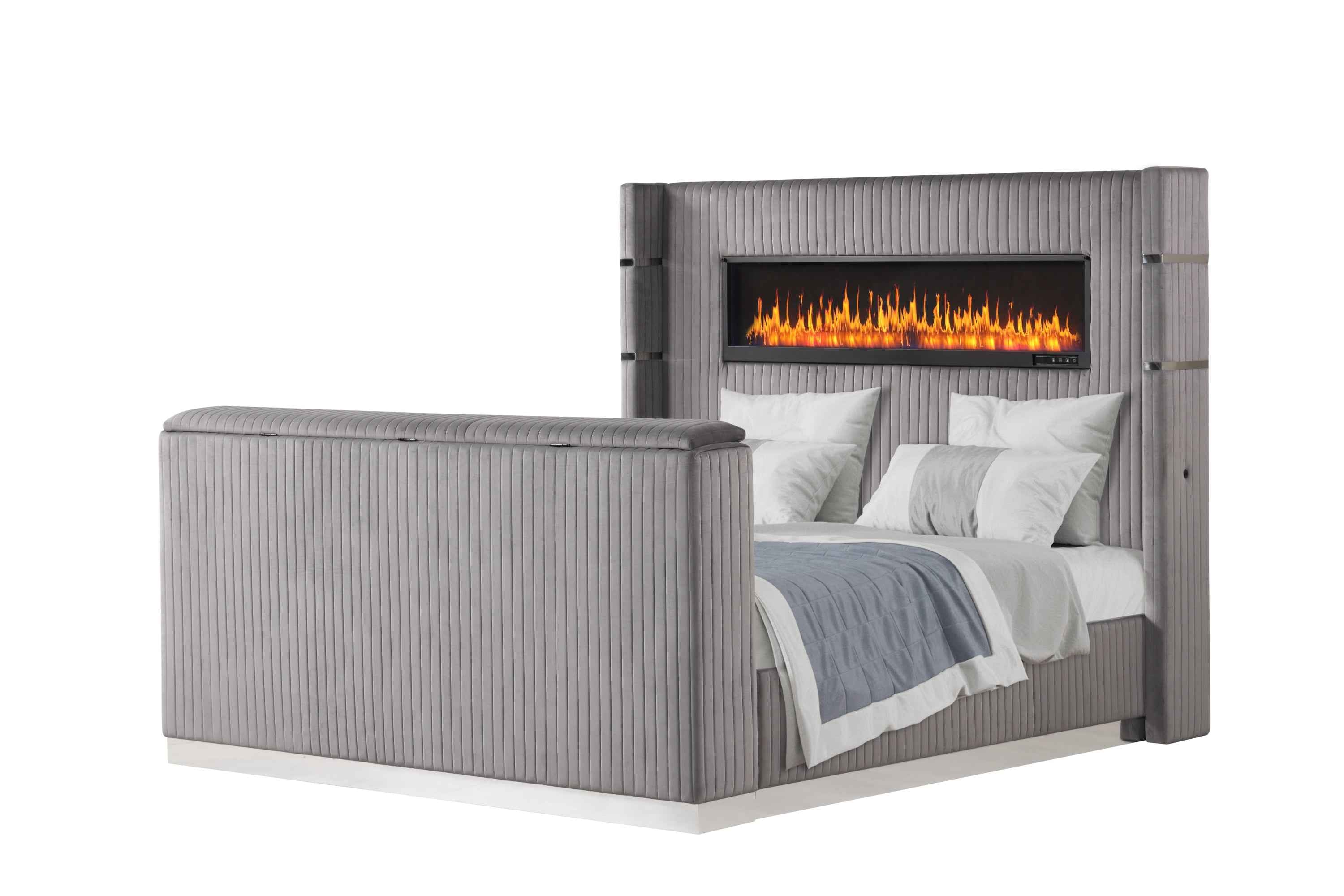 Lavish Modern Style Queen Bed Made with Fireplace in Headboard & TV stand in Footboard with Wood in Grey (NJ Inventory)