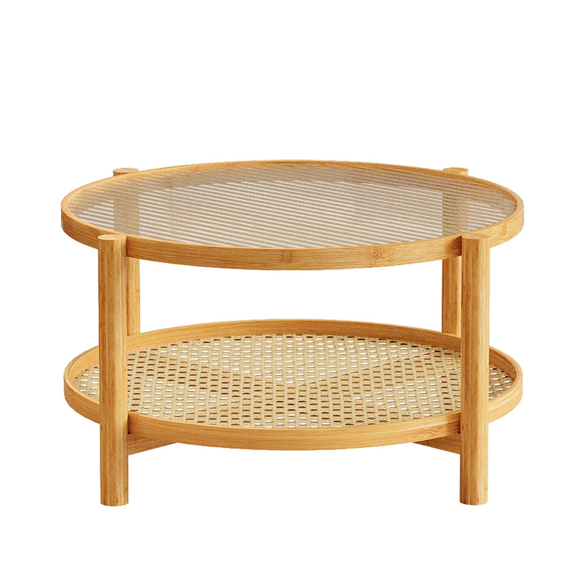 Rattan Coffee Table, 2-Tier Bamboo Coffee Table with Glass Top and PVC Rattan Storage Shelf, Modern Round Coffee Table for Living Room, Office, Natural