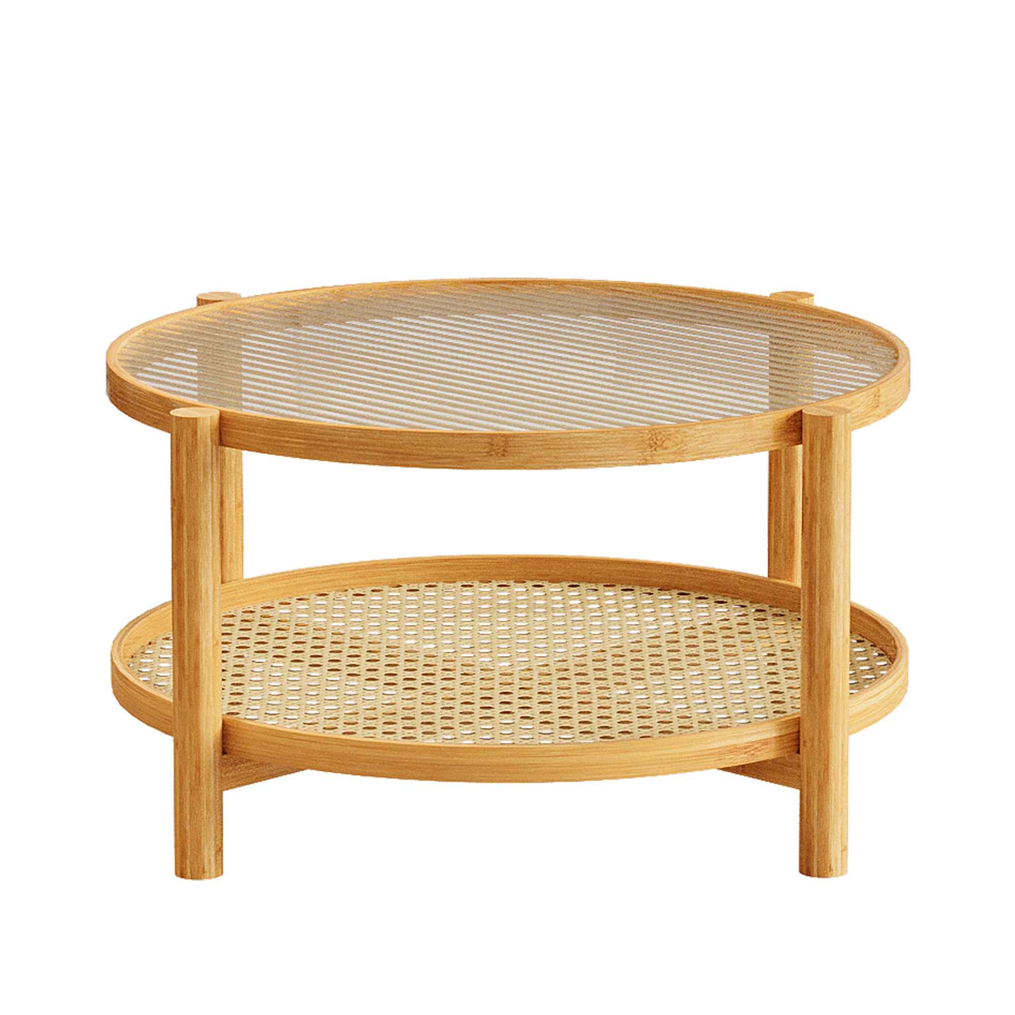 Rattan Coffee Table, 2-Tier Bamboo Coffee Table with Glass Top and PVC Rattan Storage Shelf, Modern Round Coffee Table for Living Room, Office, Natural