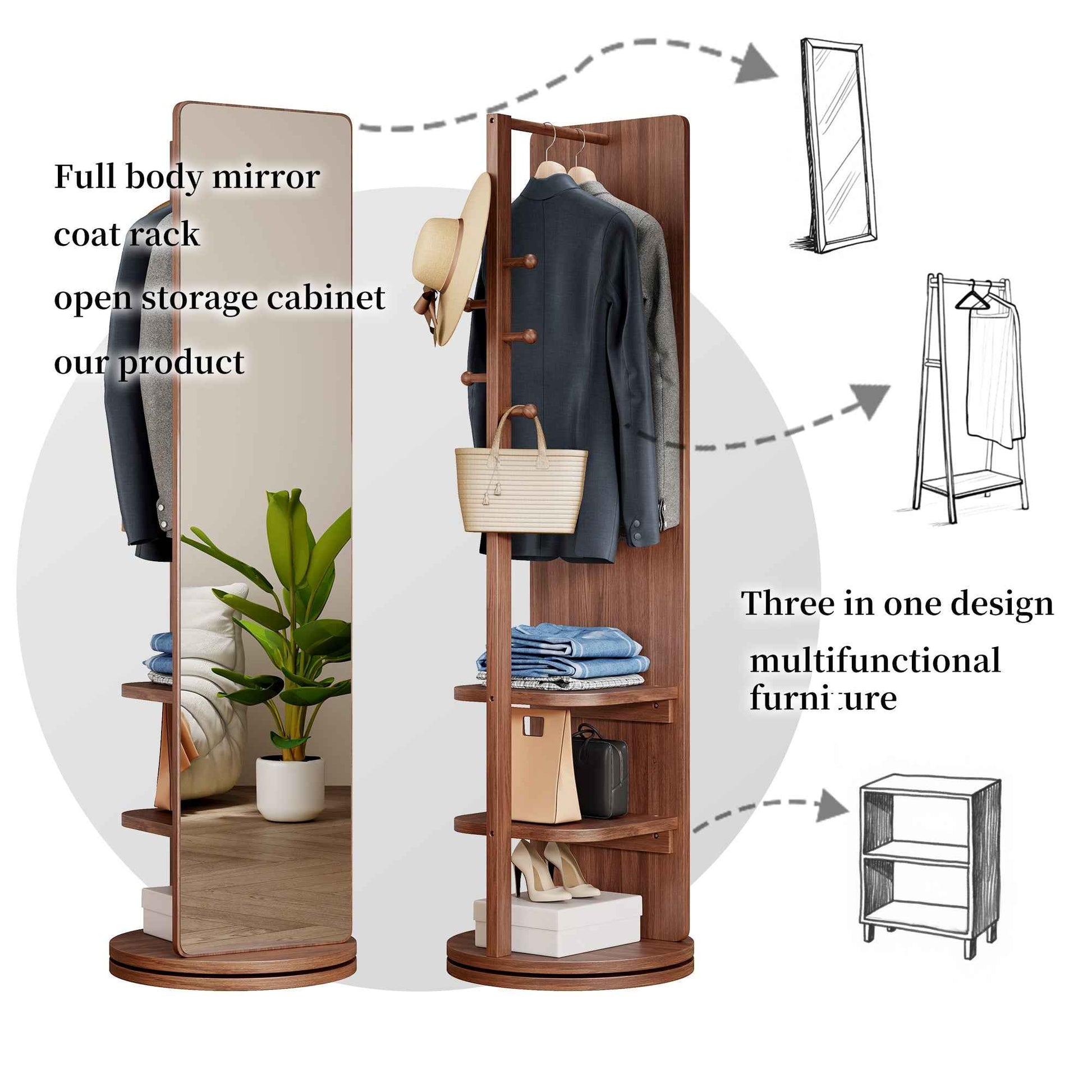 360° Rotating 69'x16' Multifunctional Full Length Mirror with Hook Storage Rack Coat Rack with Mirror Solid Wood Floor Mirror Bedroom Living Room Cloakroom Space Saving (walnut)