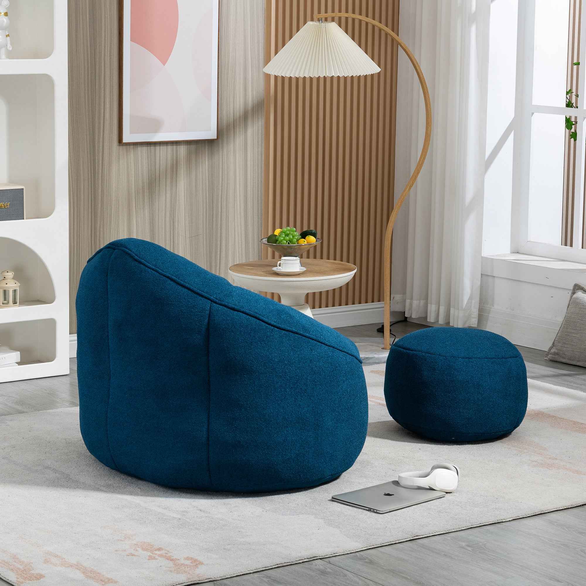 Bedding Bean Bag Sofa Chair with High-Pressure Foam and Footrest, Blue Microfiber