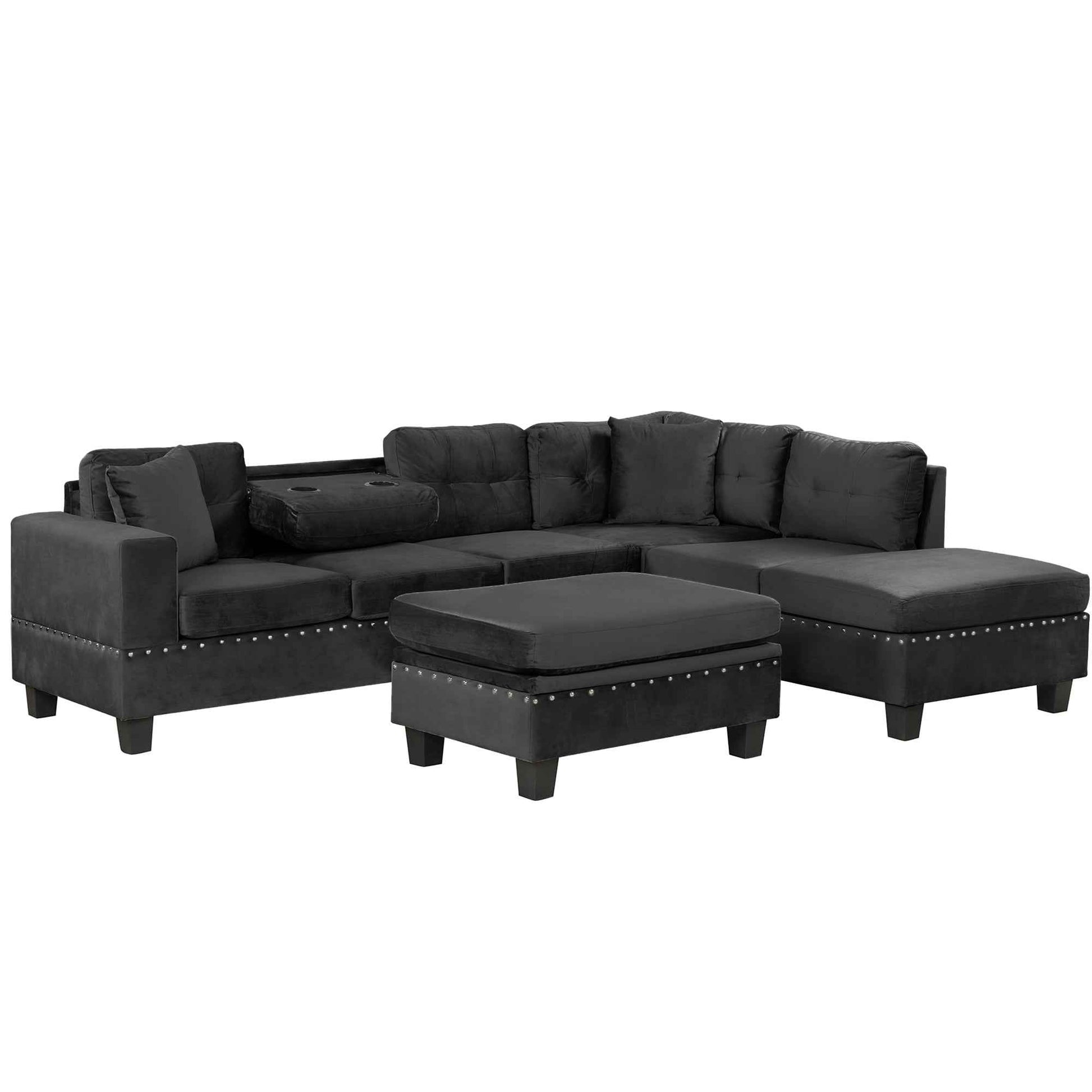 Modern Sectional Sofa with Storage Ottoman, L-Shape Couch with 2 Pillows and Cup Holders, Black Velvet, 105'