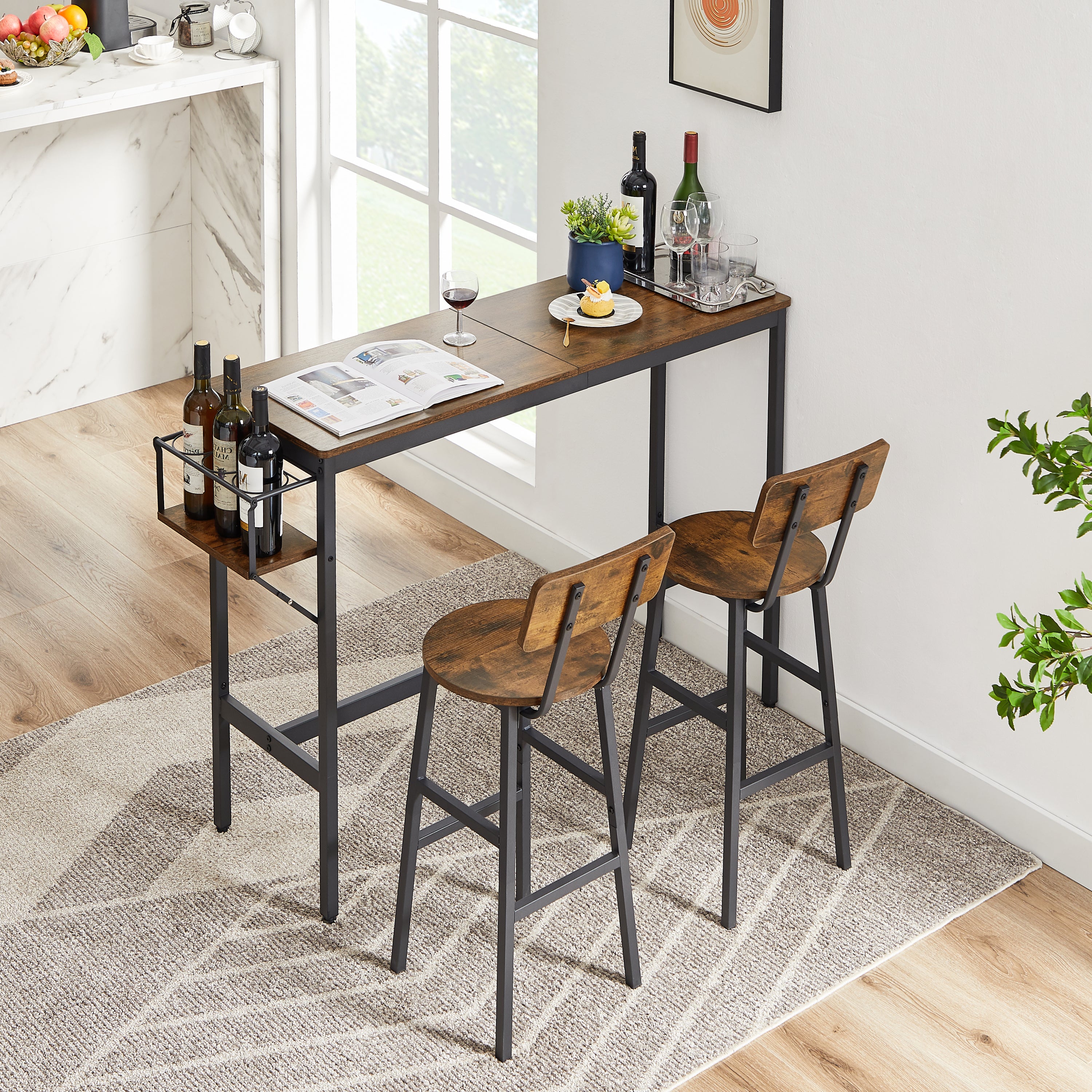 Bar Table Set with wine bottle storage rack. Rustic Brown, 47.24'' L x 15.75'' W x 35.43'' H.