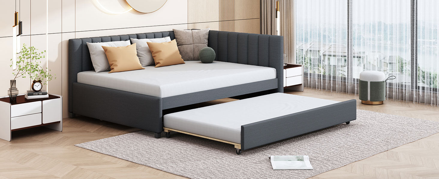 Full Size Upholstered Daybed with Trundle Sofa Bed Frame No Box Spring Needed, Linen Fabric(Gray) - Abrihome
