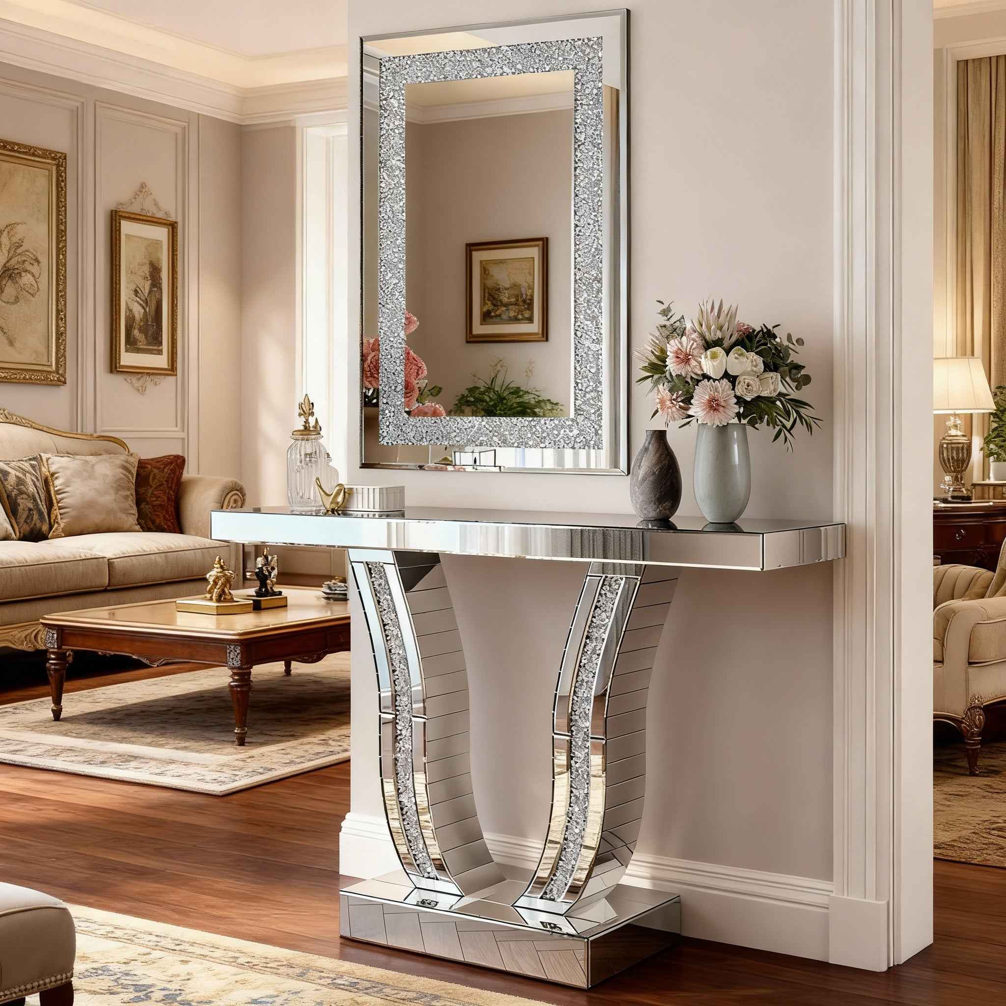 Crystal Crush Diamond Rectangle Silver Mirror for Wall, Large 36x24 Inch Modern Decorative Hanging Mirror with Beveled Edge, for Living Room, Bedroom, Entryway