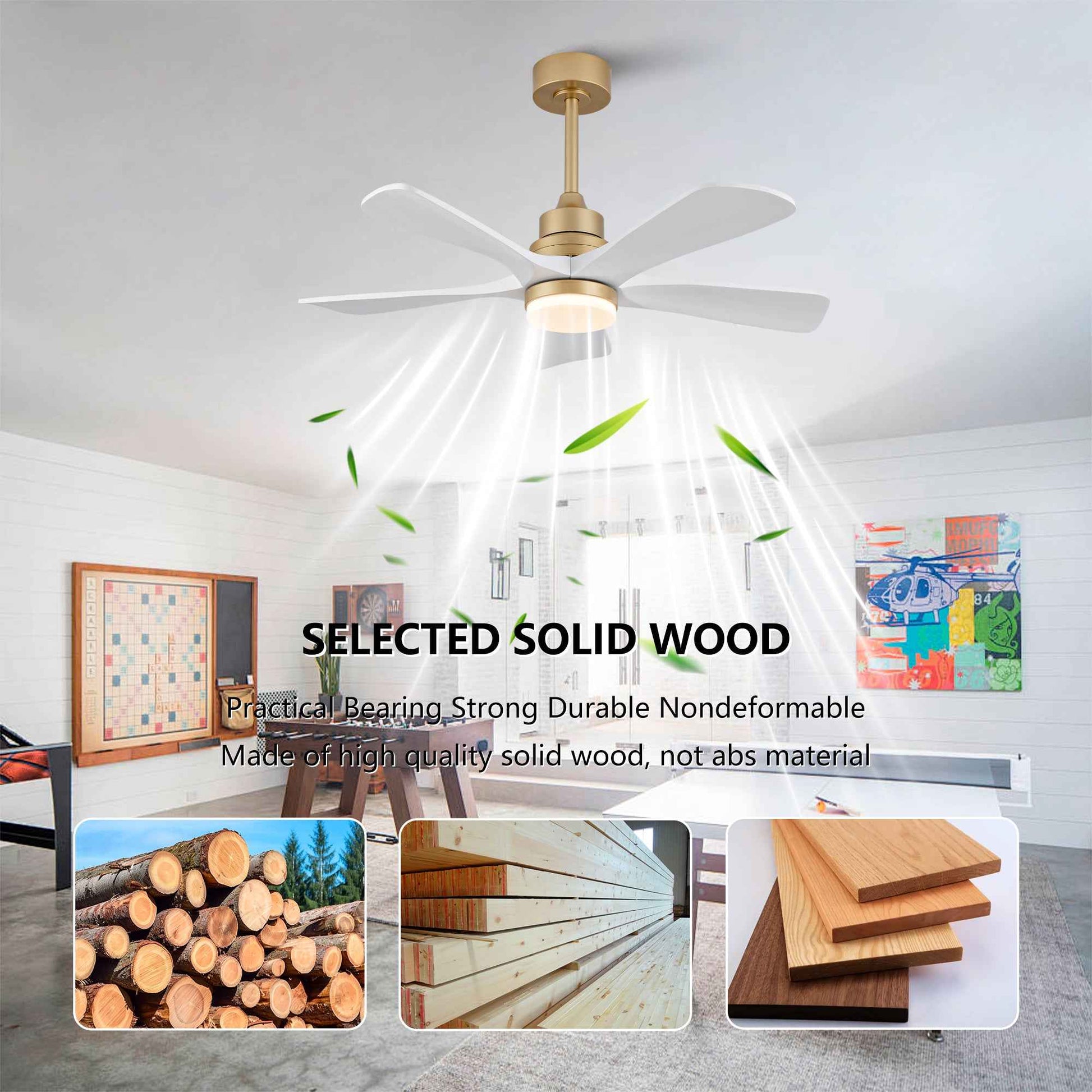 Hot sales 42 Inch Indoor Ceiling Fan With Dimmable LED Light 5 Solid Wood Blades Remote Control Reversible DC Motor