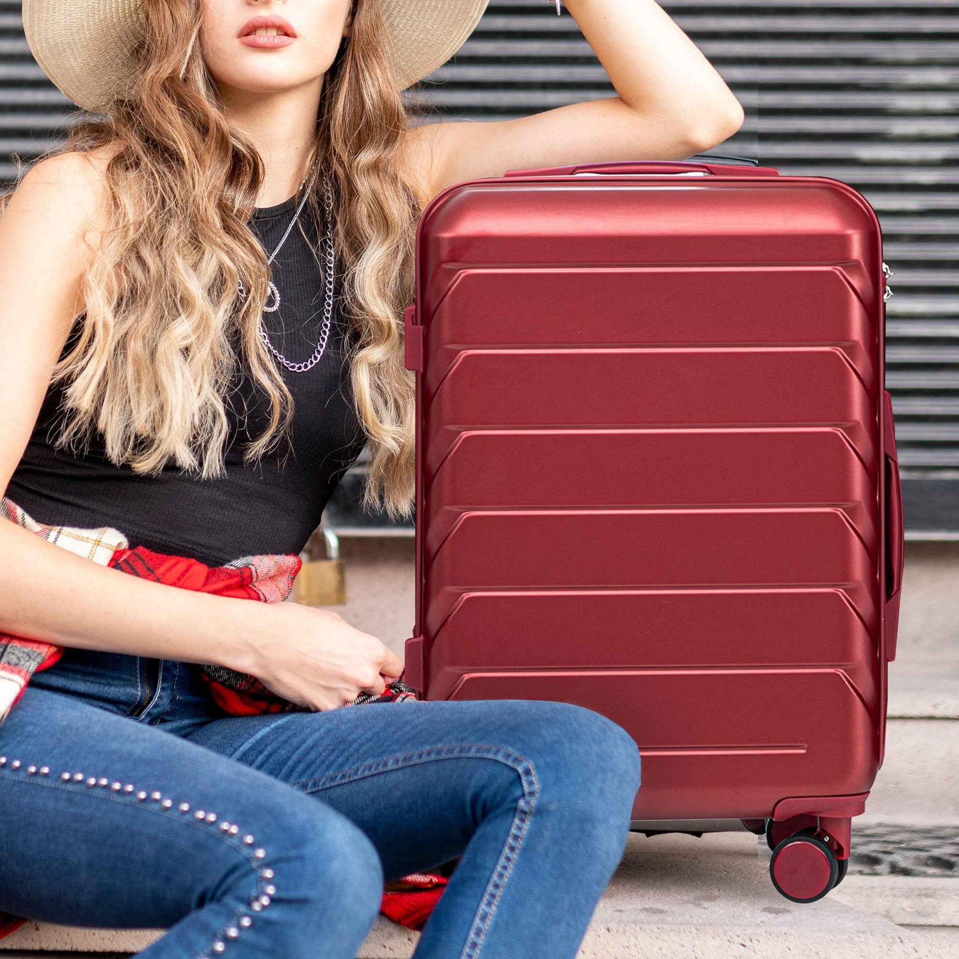 Set 3PCs 20'/24'/28' ABS Spinner Wheel Luggage, Matching Color, with Combination Lock - Wine Red