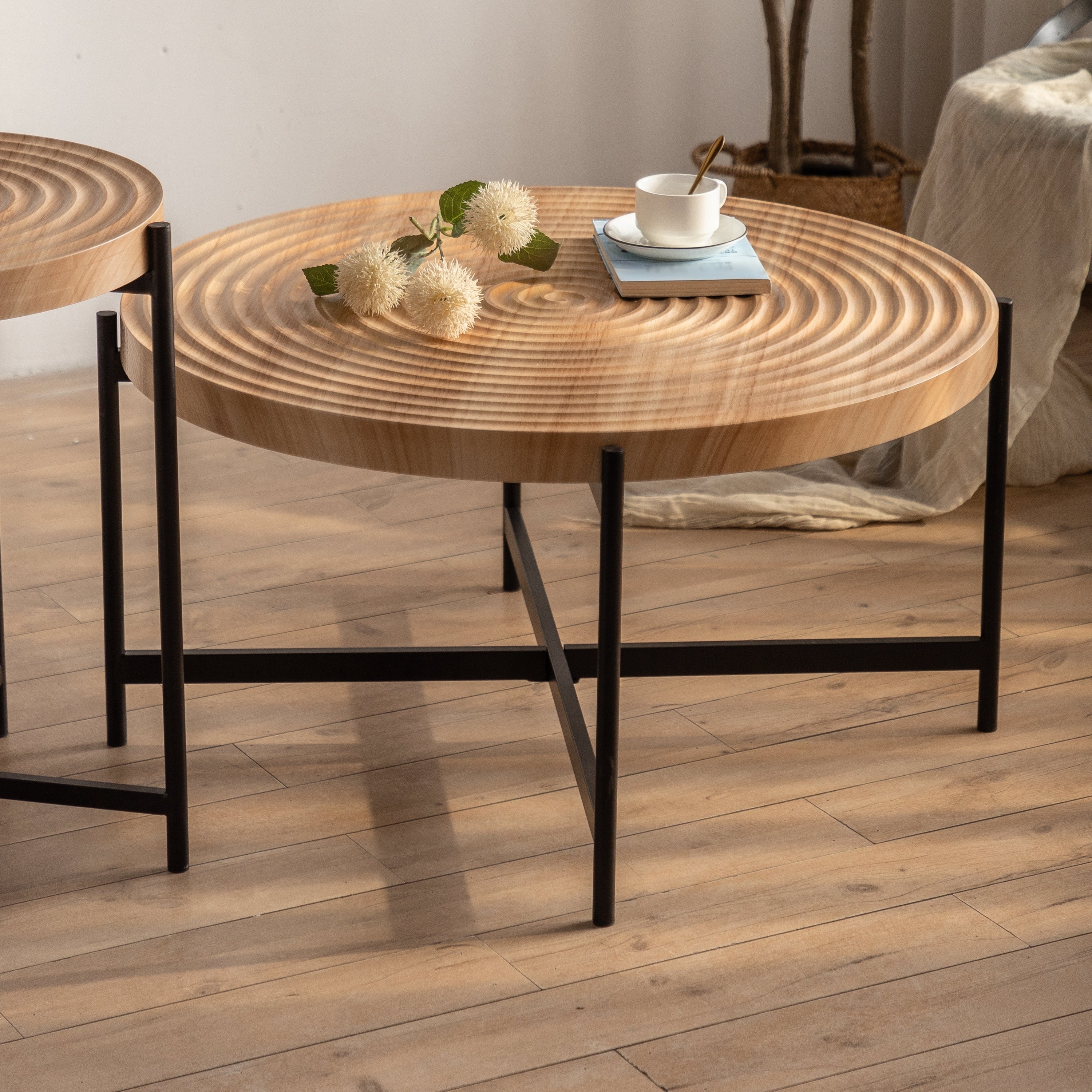 33"Modern Thread Design Round Coffee Table ,  MDF  Table Top with Cross Legs Metal Base