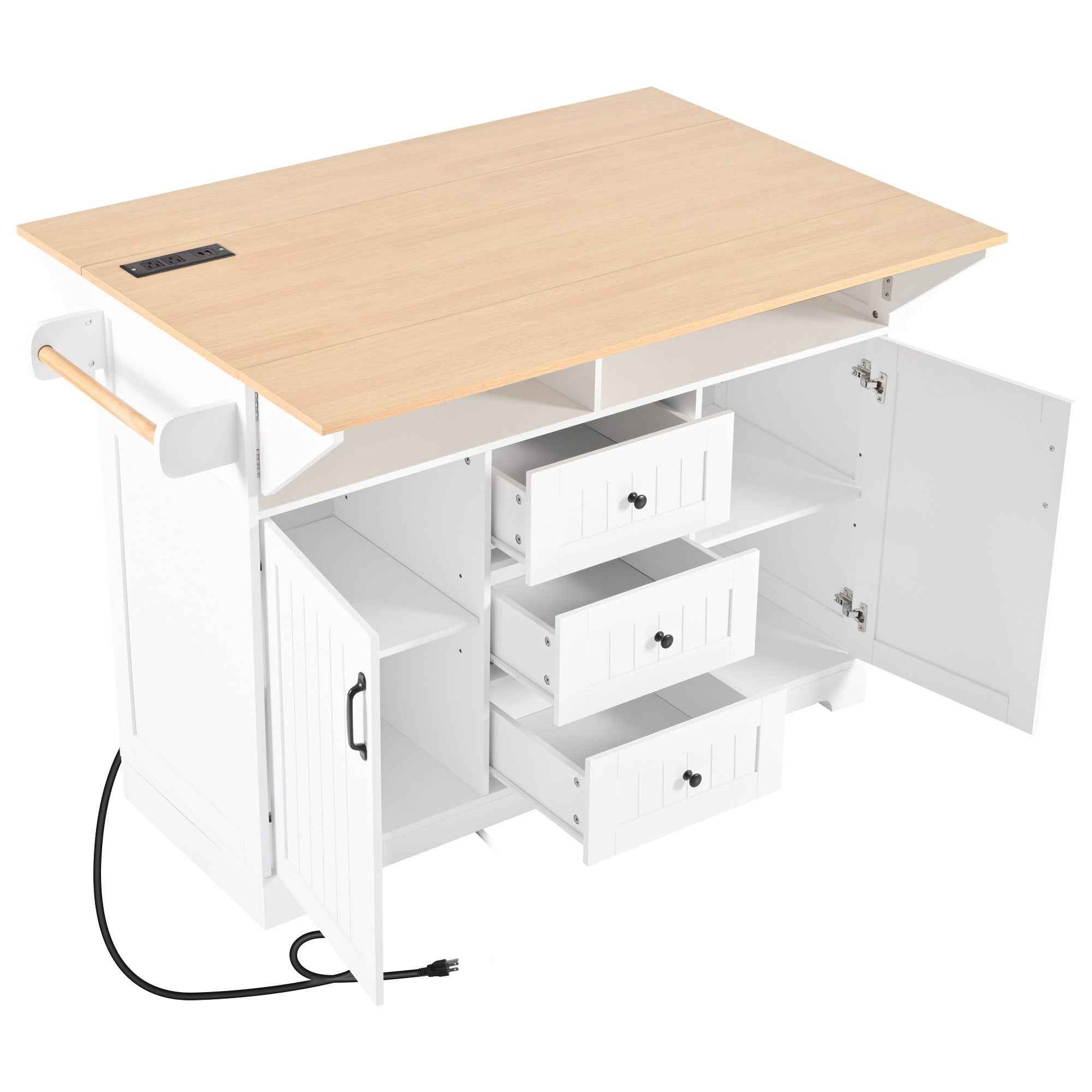 K&K 55.7'' Large Kitchen Island with 2 Drop Leaf,, Rolling Kitchen Cart on 5 Wheels with Power Outlet, Folding Storage Dining Table with Spice & Towel Rack , 3 Drawers, for Kitchen, Dining Room,White