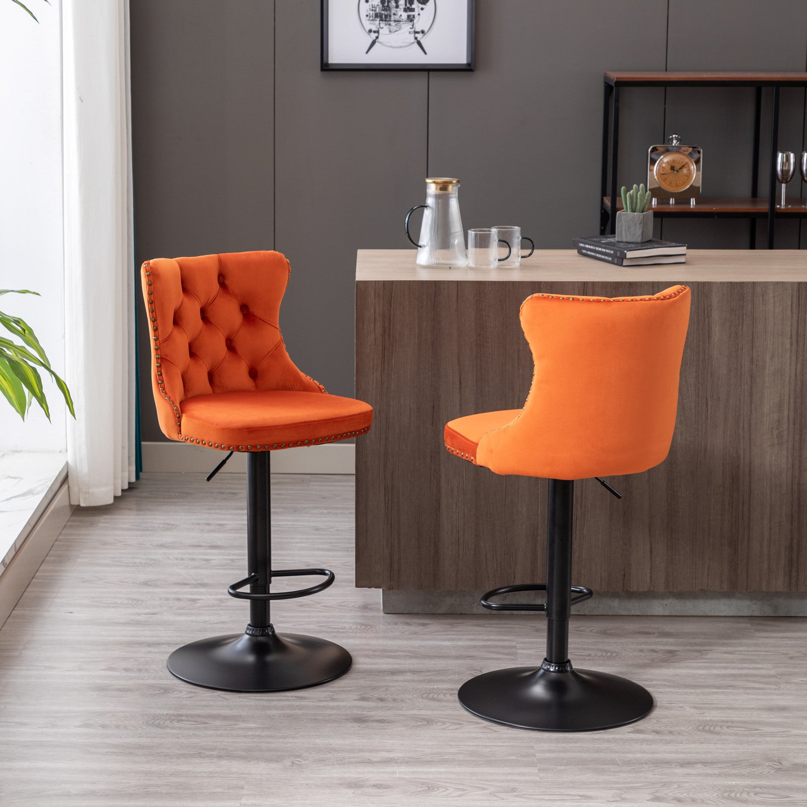 A&A Furniture,Swivel Velvet Barstools Adjusatble Seat Height from 25-33 Inch,17.7inch base, Modern Upholstered Bar Stools with Backs Comfortable Tufted for Home Pub and Kitchen Island,Orange,Set of 2