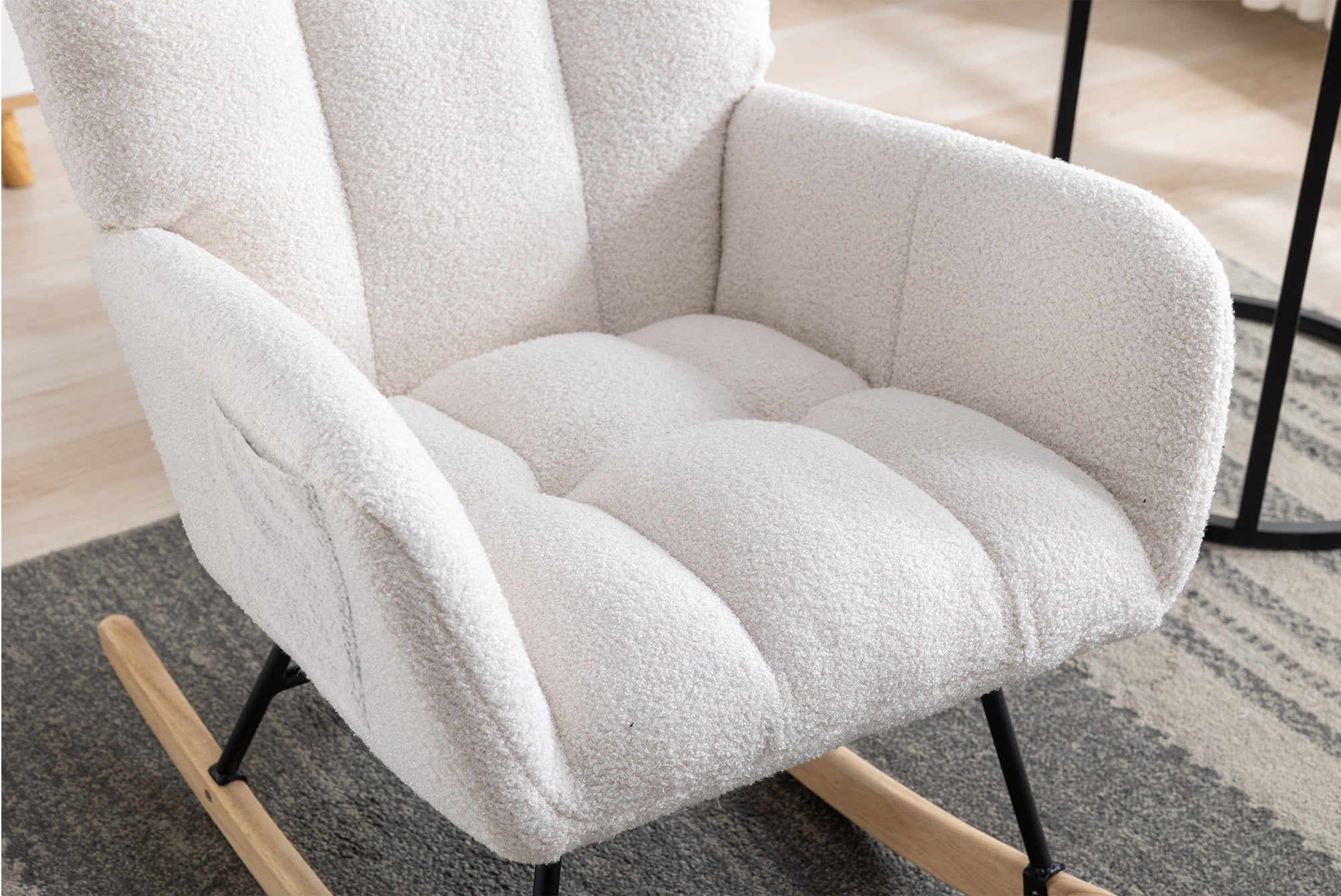 Rocking Chair with Pocket, Soft Teddy Fabric Rocking Chair for Nursery, Comfy Wingback Glider Rocker with Safe Solid Wood Base for Living Room Bedroom Balcony (white)