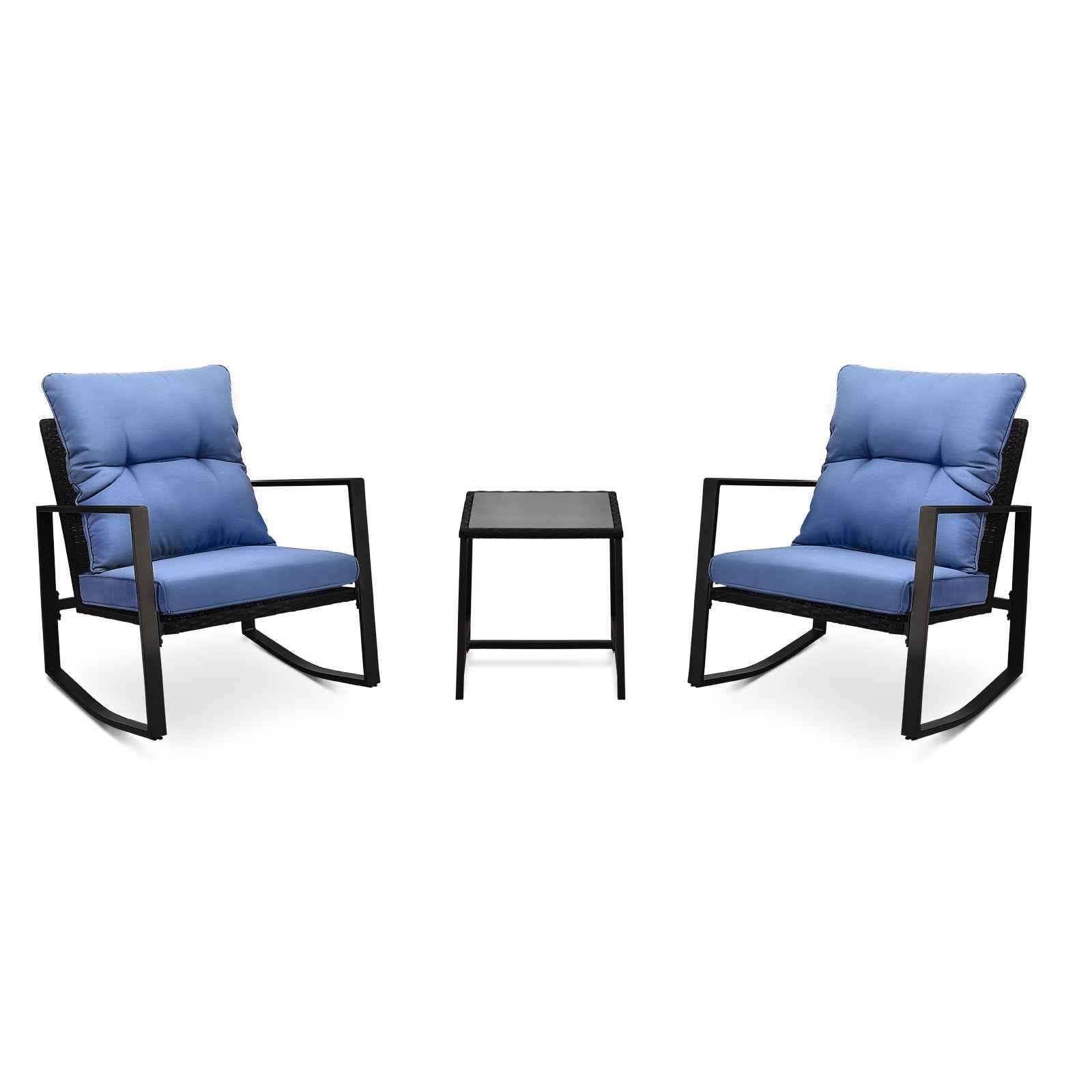 3 Pieces Patio Bistro Set Outdoor Rocking Chair w Blue Cushion for Yard Garden Poolside
