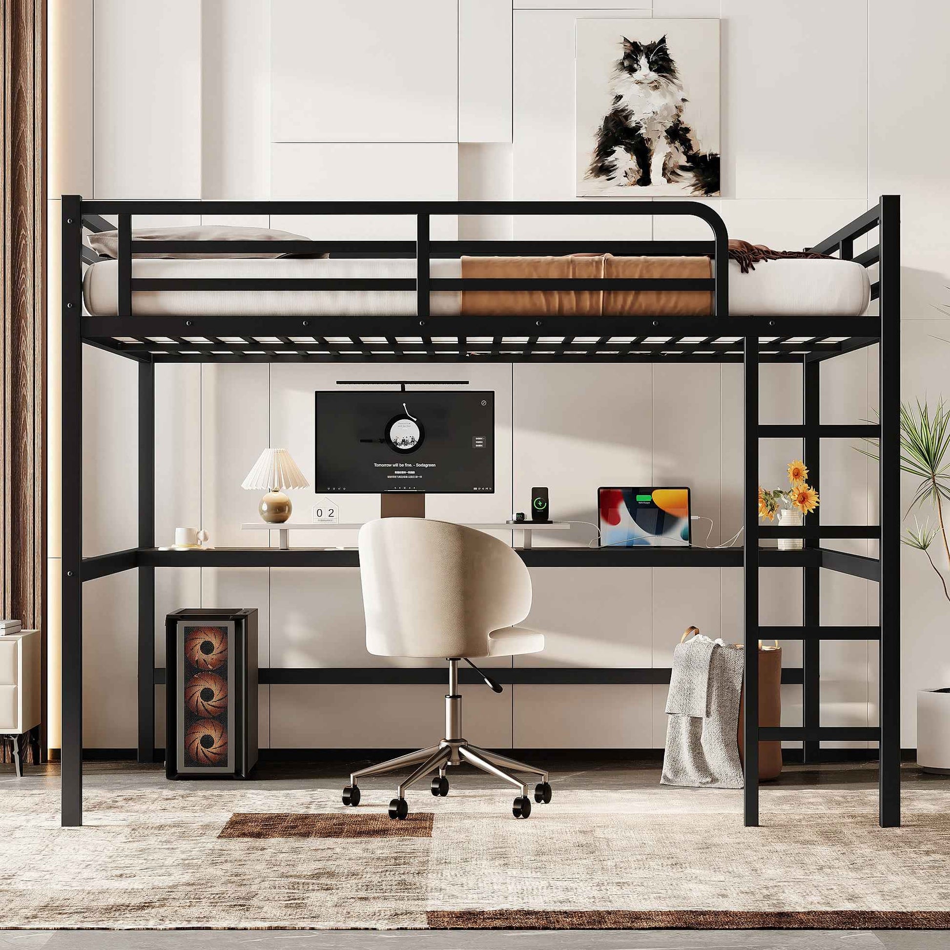 Metal Queen Size Loft Bed with Power Outlet and LED Lighted, Space-Saving, Noise Reduced, Black