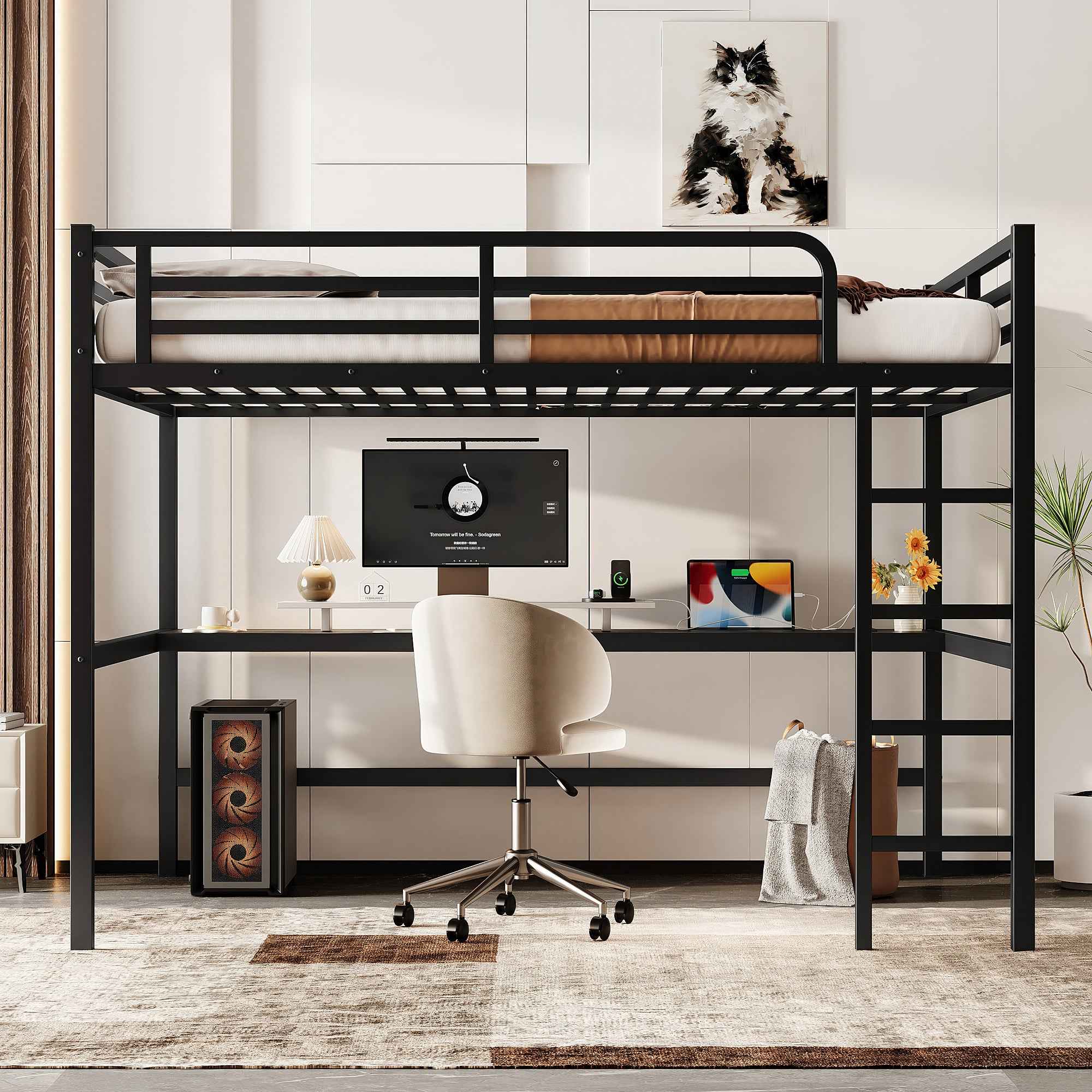 Metal Queen Size Loft Bed with Power Outlet and LED Lighted, Space-Saving, Noise Reduced, Black
