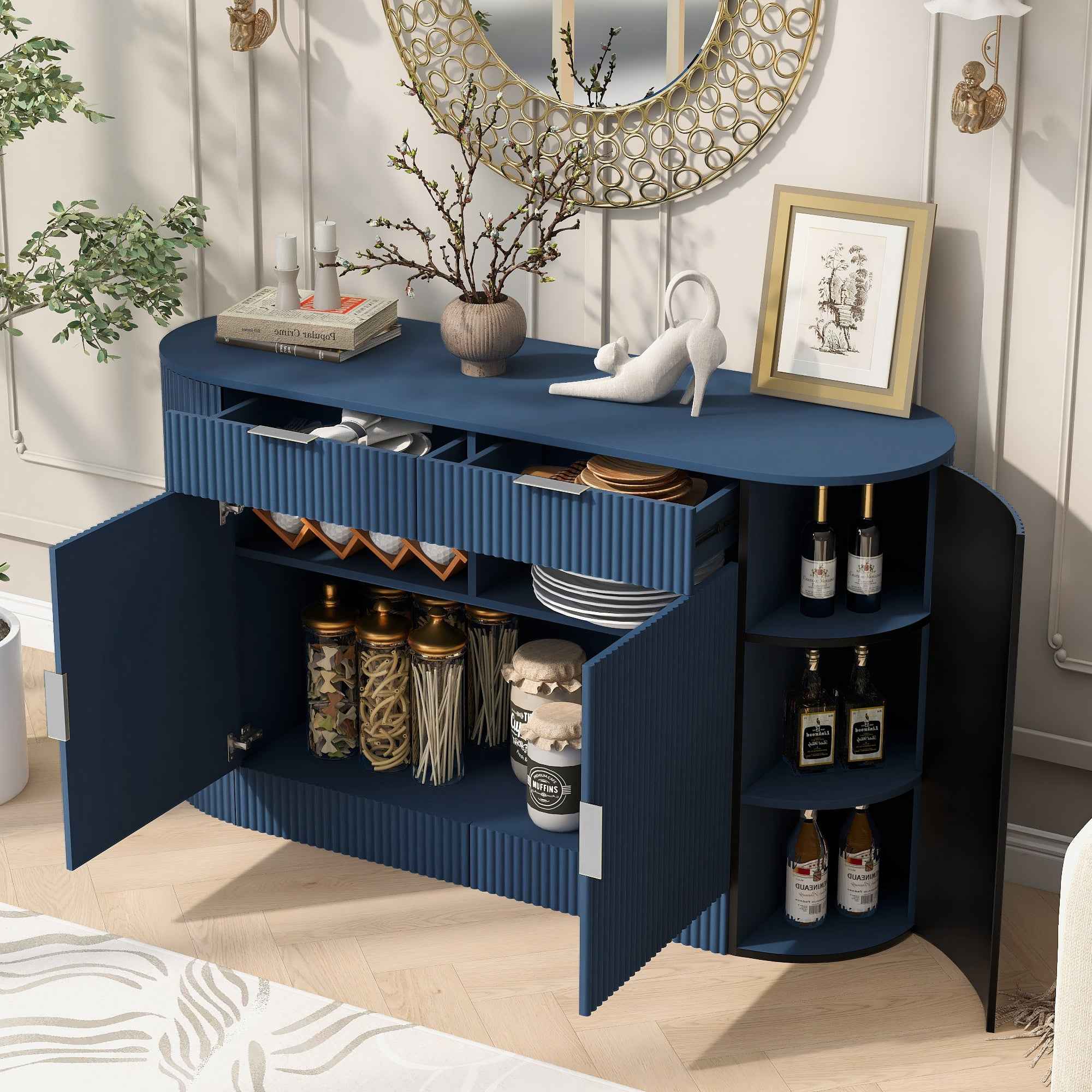 U_STYLE 55.1' Modern Storage Cabinet – 2 Doors & 2 Drawers, Stripe MDF Sideboard with Aluminum Handles, Curved Side Door & 3-Tier Shelves, Buffet Cabinet for Living Room, Bedroom, Dining Room