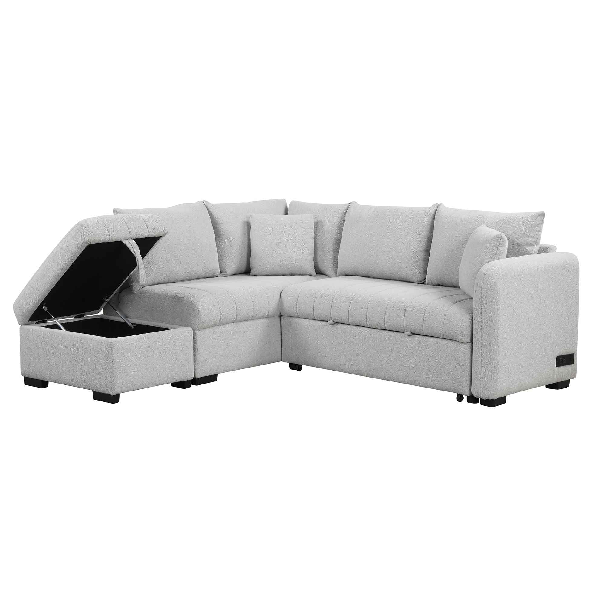 Modern L-shaped Sectional Pull Out Sofa Bed with USB Ports & Storage Ottoman, Gray Jacquard Fabric, 82.6'