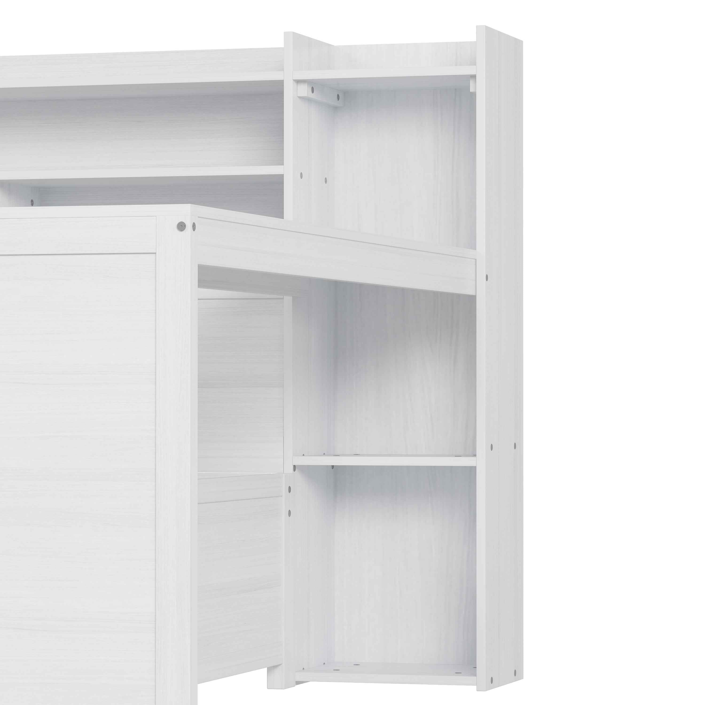 Wooden Full Size Daybed with Storage Shelves, Multi-functional Bed with Twin Size Trundle Bed and  Study Desk, Antique White