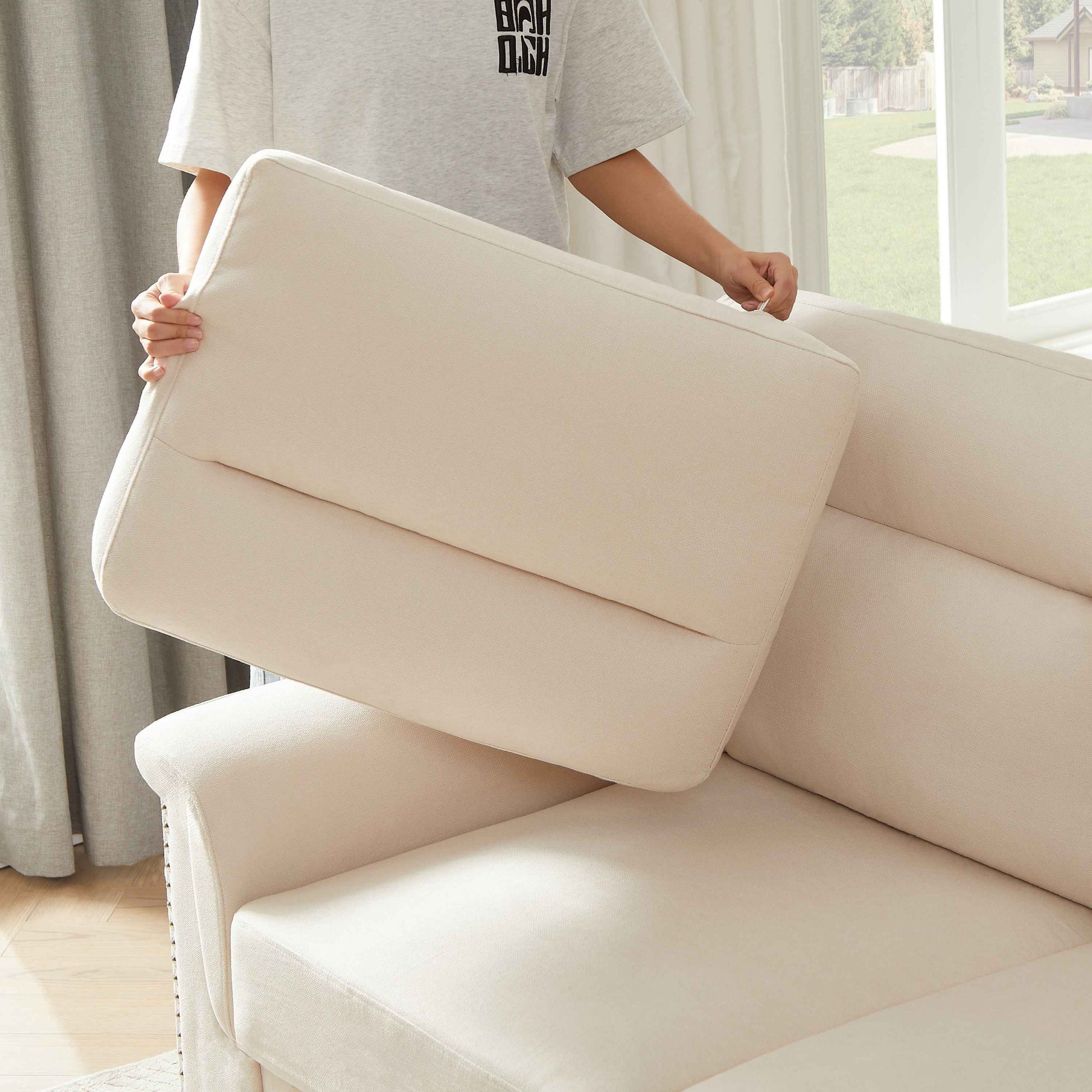 Modern Compressed Snowfleece Fabric 3-Seater Sofa in Beige, High-Density Foam Cushion with Solid Wood and Iron Frame, Ideal for Living Room, Bedroom, Office & Entertainment Spaces