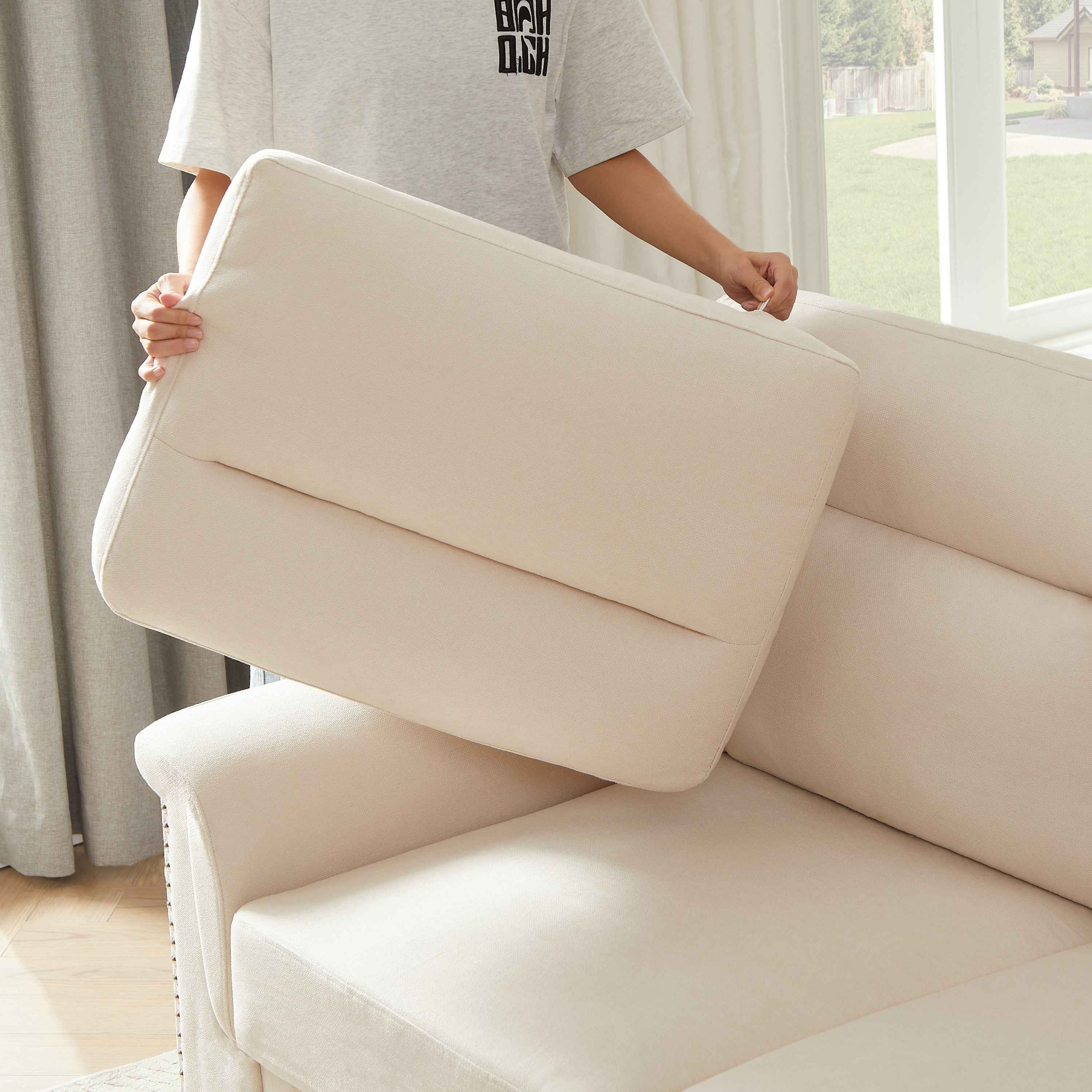 Modern Compressed Snowfleece Fabric 3-Seater Sofa in Beige, High-Density Foam Cushion with Solid Wood and Iron Frame, Ideal for Living Room, Bedroom, Office & Entertainment Spaces