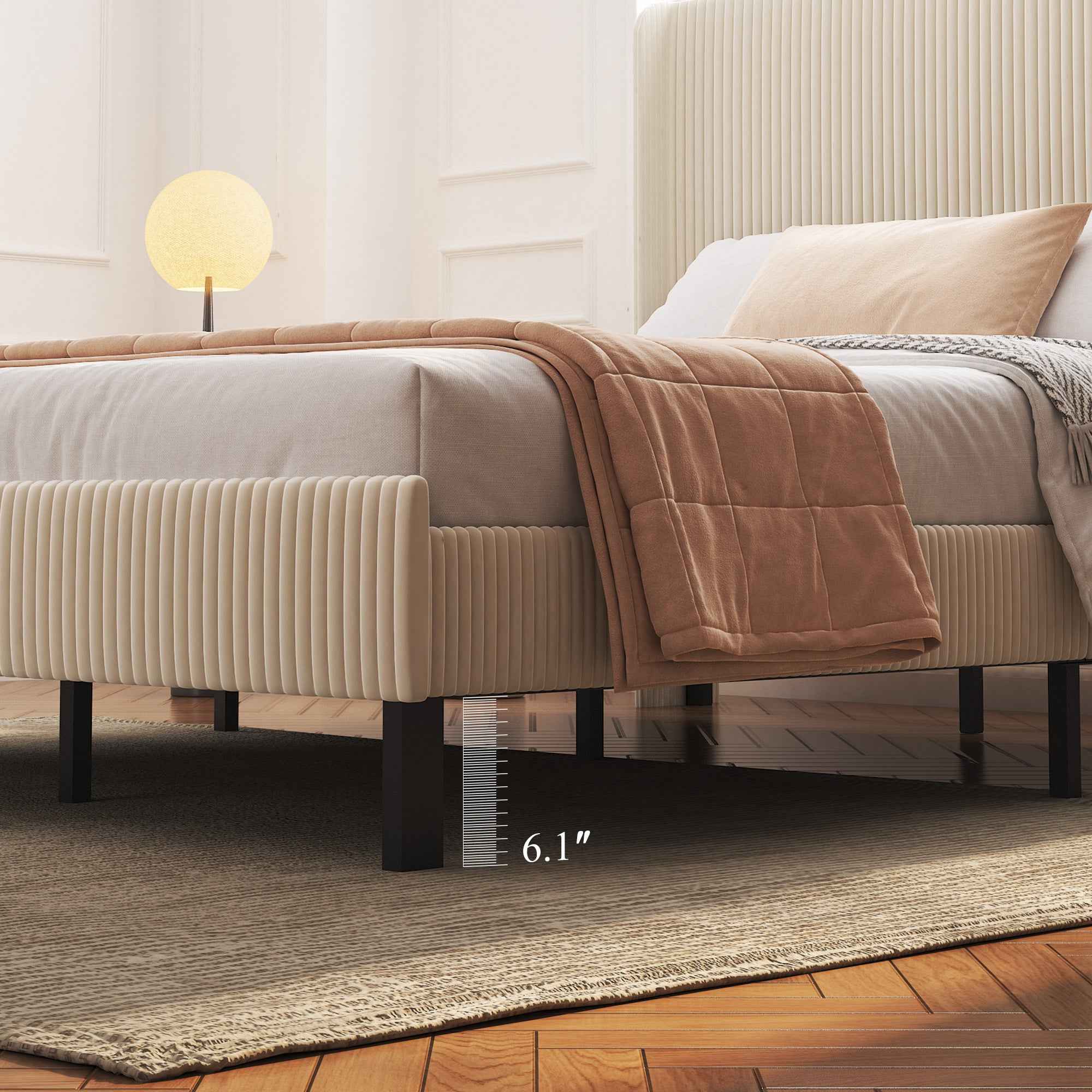Modern Beige Queen Size Platform Bed with Metal Frame and Charging Station