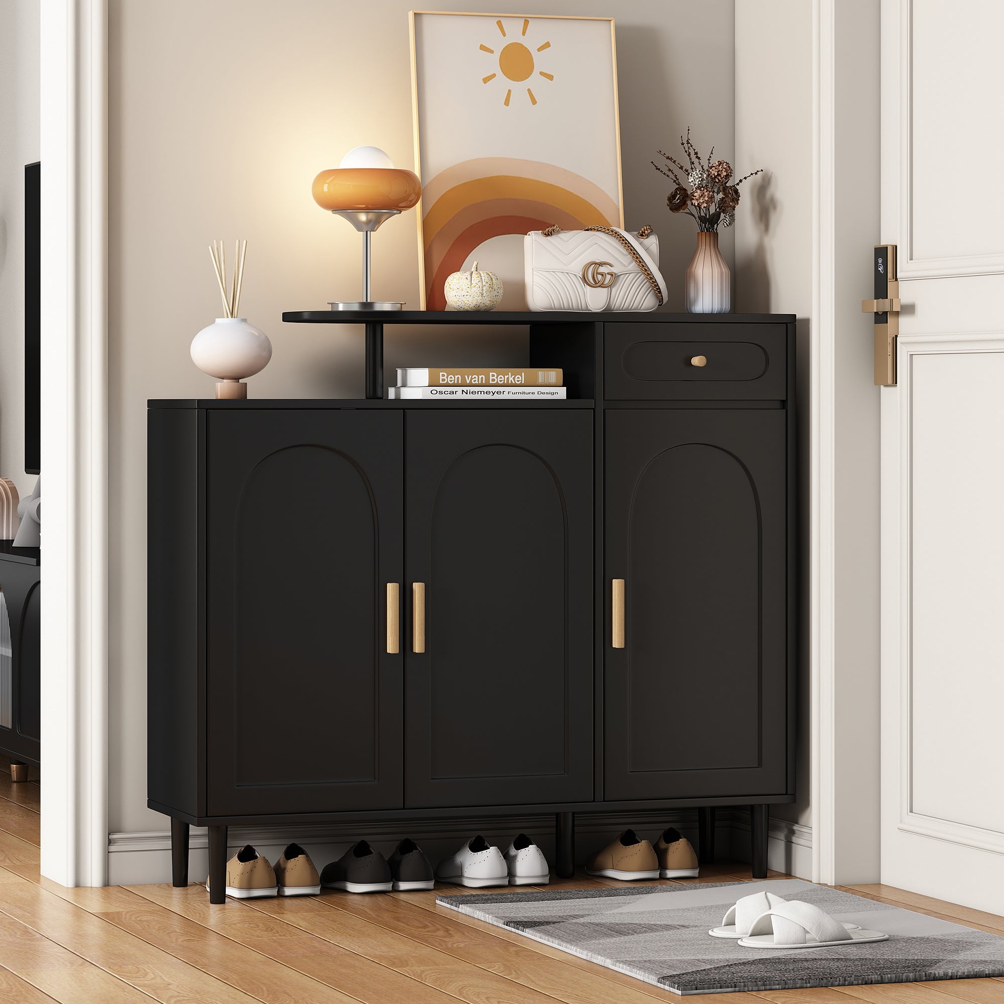 ON-TREND Elegant Shoe Cabinet with Arched Doors and Drawer, Cream Style Storage Sideboard with Adjustable Shelves and Solid Wood Legs for Entryway, Living Room, Black - Abrihome