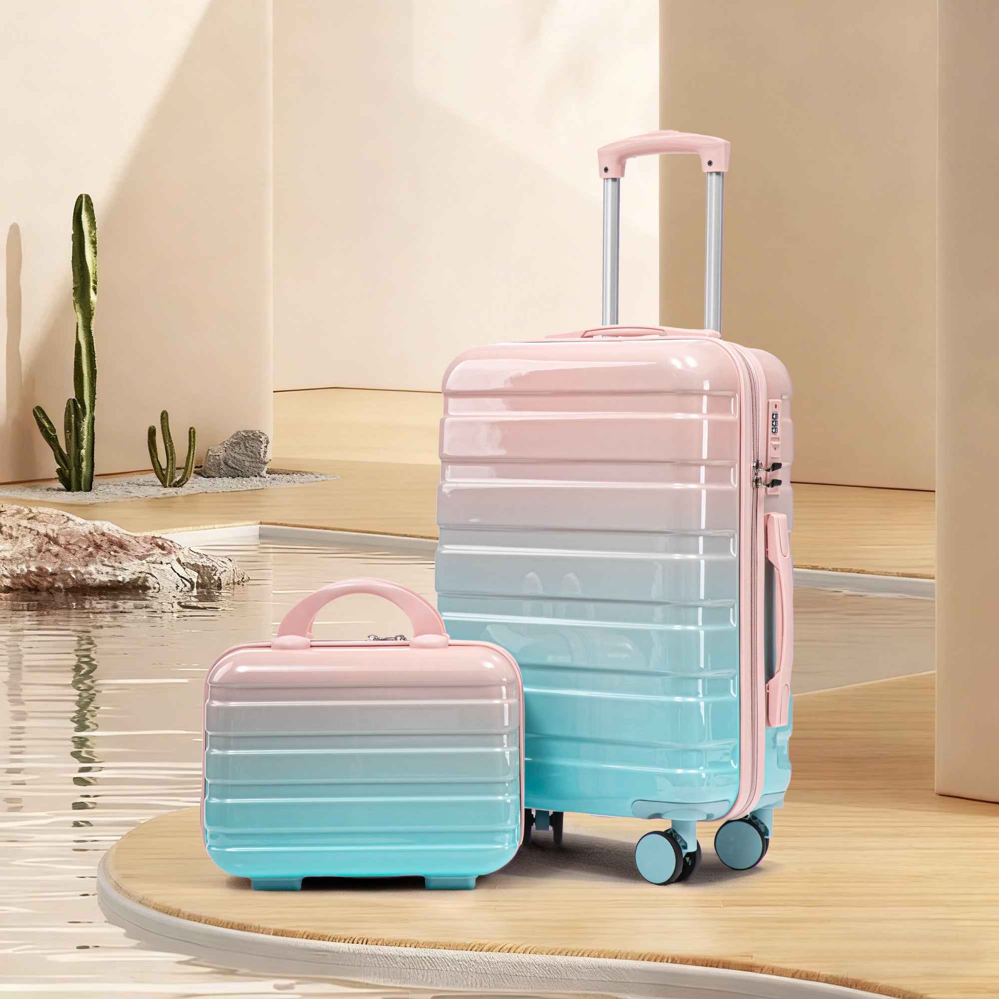 14'/20' 2 pcs/set in PC Spinner Wheel Luggage, Carry on Suitcase, With Gradient Color and Combination Lock(Blue+Pink)