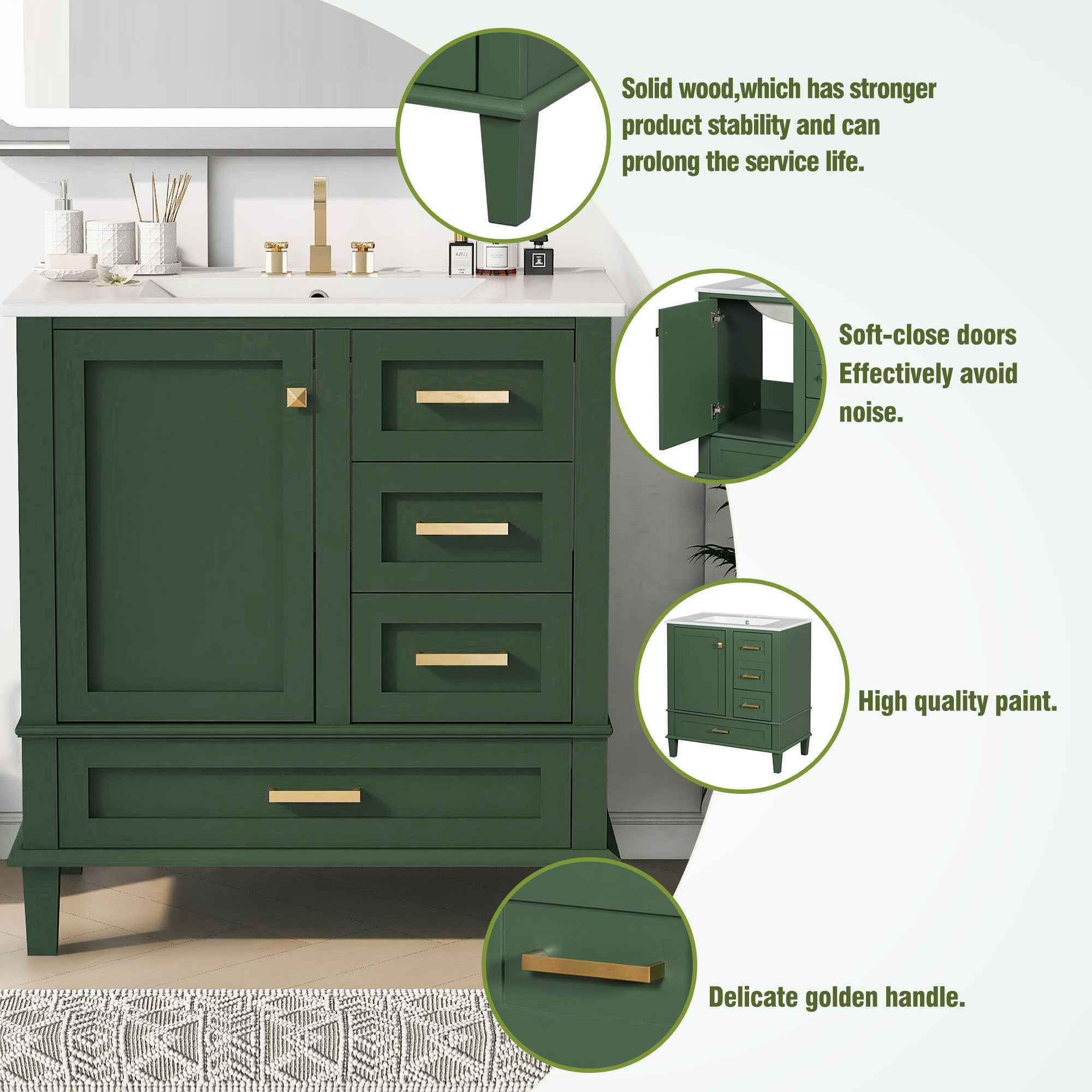 Modern Bathroom Vanity with Sink Combo Set, Solid Wood Frame, Green, 30 Inches