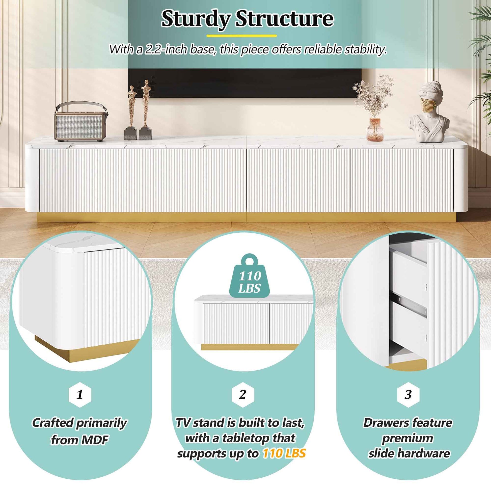 ON-TREND Luxury Fluted TV Stand for TVs Up to 85', Faux Marble Tabletop Media Console with 4 Drawers, Curved Profile Design, Modern Entertainment Center with Gold Base for Living Room, White