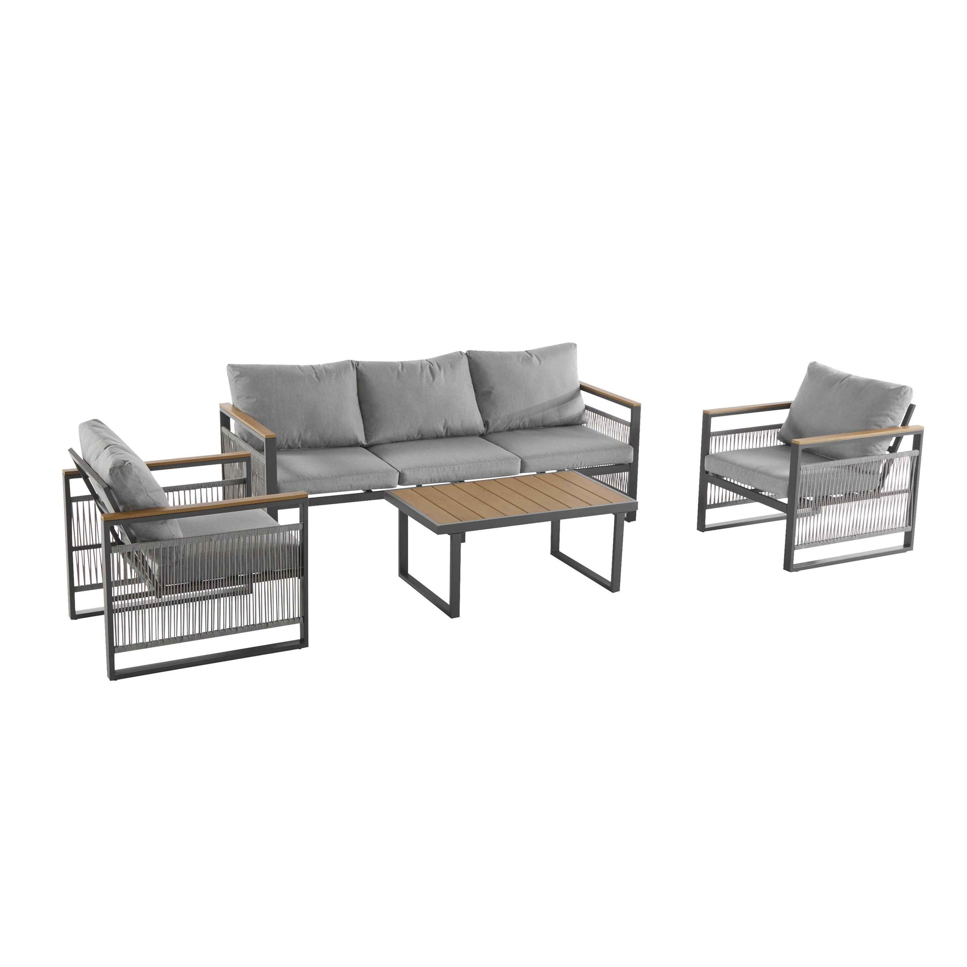 4-Pieces Outdoor Metal Patio Furniture Set, 5-Seat Patio Furniture Sofa Set with Cushion, Modern Outdoor Furniture Deep Seating for Porch, Garden, Backyard, Balcony, Grey & Natural