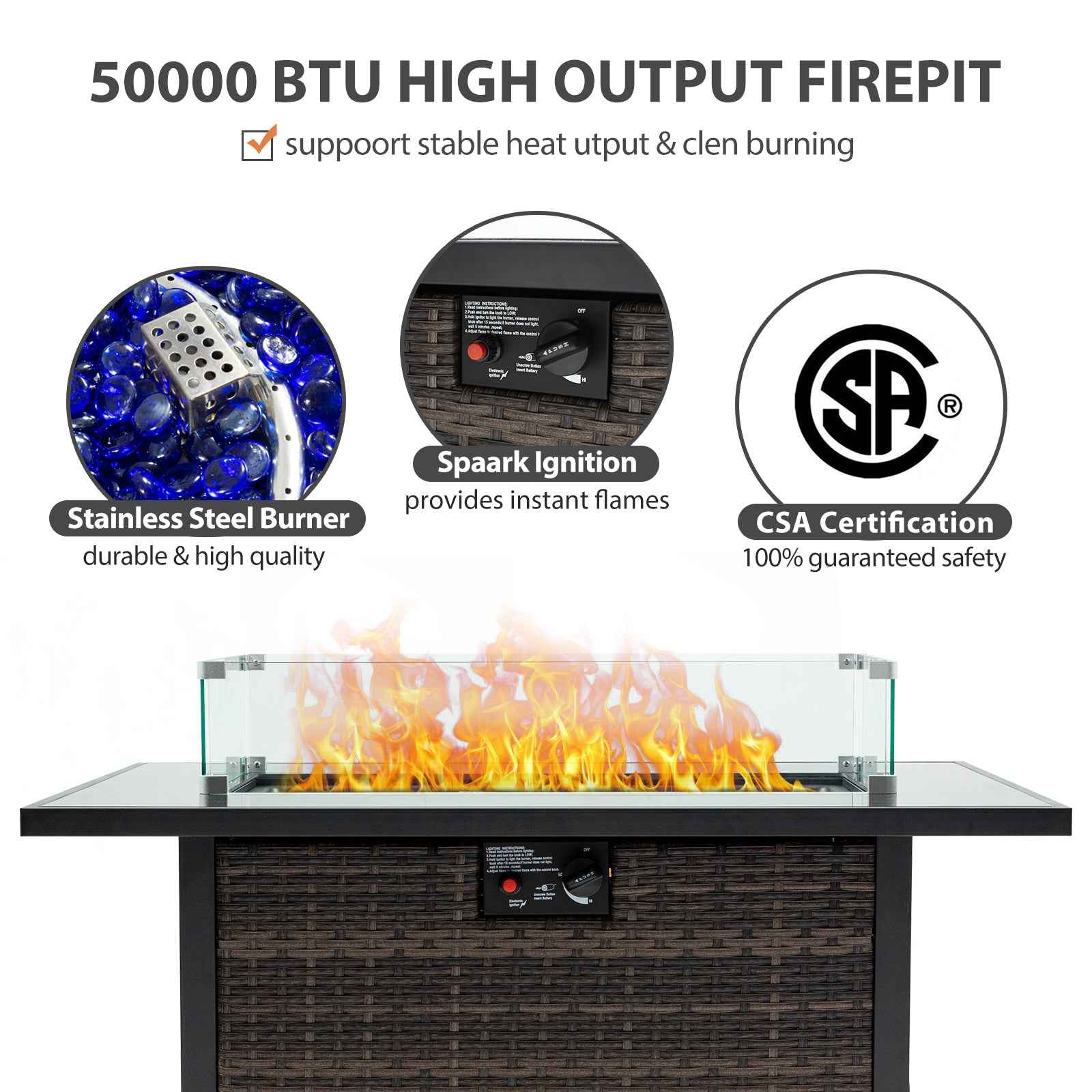 Outdoor Fire Pit 50,000 BTU Propane Gas Fire Table with Lid Fireplace with Glass Wind Guard Wicker Base for Garden, Patio, Backyard, 44'
