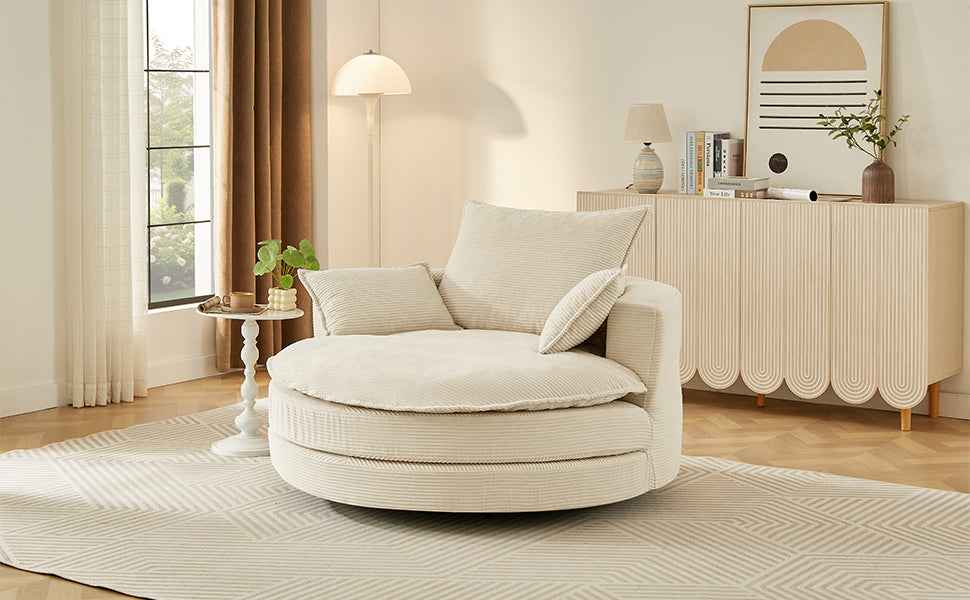 Accent Barrel Chair 360° Swivel Sofa Chair with Dual-layer Cushion and 3 Removable Pillows, Beige Corduroy, 57.5'