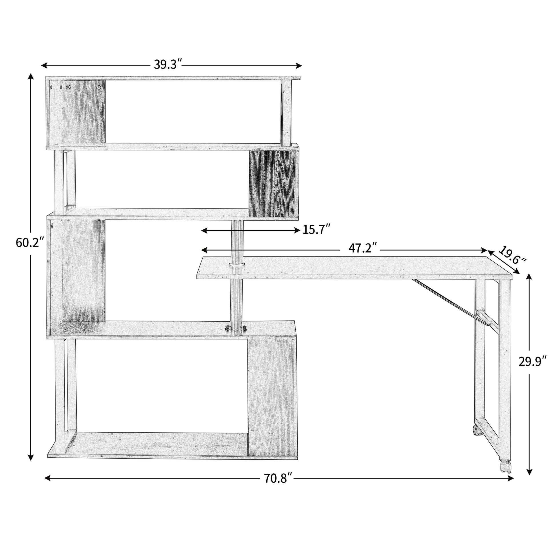 Home Office Computer Desk L-Shaped Corner Table, Rotating Computer Table with 5-Tier Bookshelf, Four Installation Methods, Lockable Casters (Black) - Abrihome